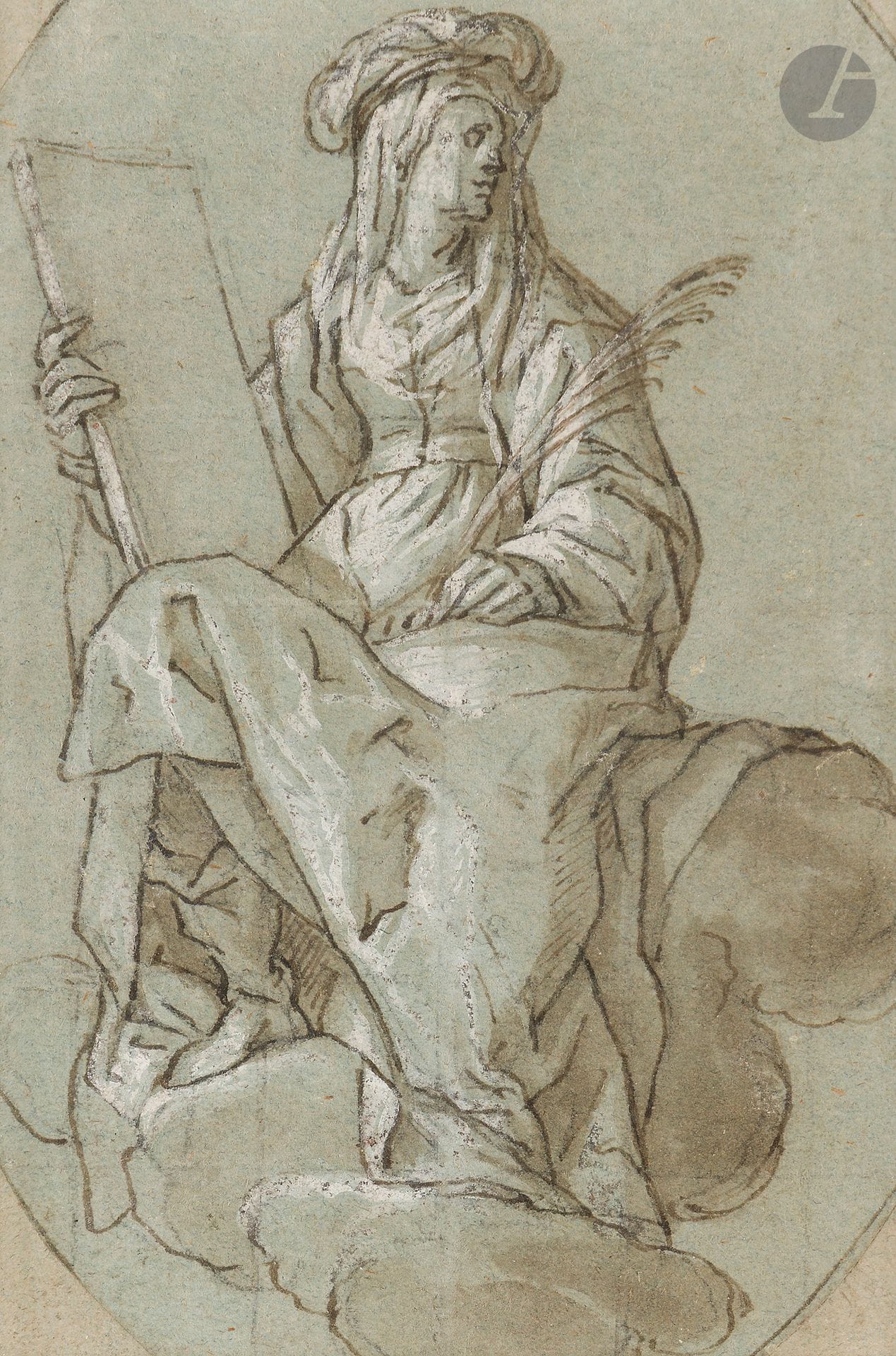 Lazzarro TAVARONE (Gênes 1556 - 1641)
Sybille
Plume et encre brune, lavis brun et rehauts de gouache blanche sur papier anciennement bleu.
Annotée au verso dans le haut au crayon noir « Scola Ferrare ».
(Dessin doublé, gouache partiellement oxydée, le papier légèrement insolé).
15 x 11 cm de forme ovale, les quatre coins coupés

Provenance :
- Ancienne collection Sagredo-Borghèse, son paraphe au verso du montage « M.F. n°82 » (Lugt 2103 a).
- Vente Millon, Hôtel Drouot, Paris, 23 novembre 2007, catalogue, n° 30, reproduit.