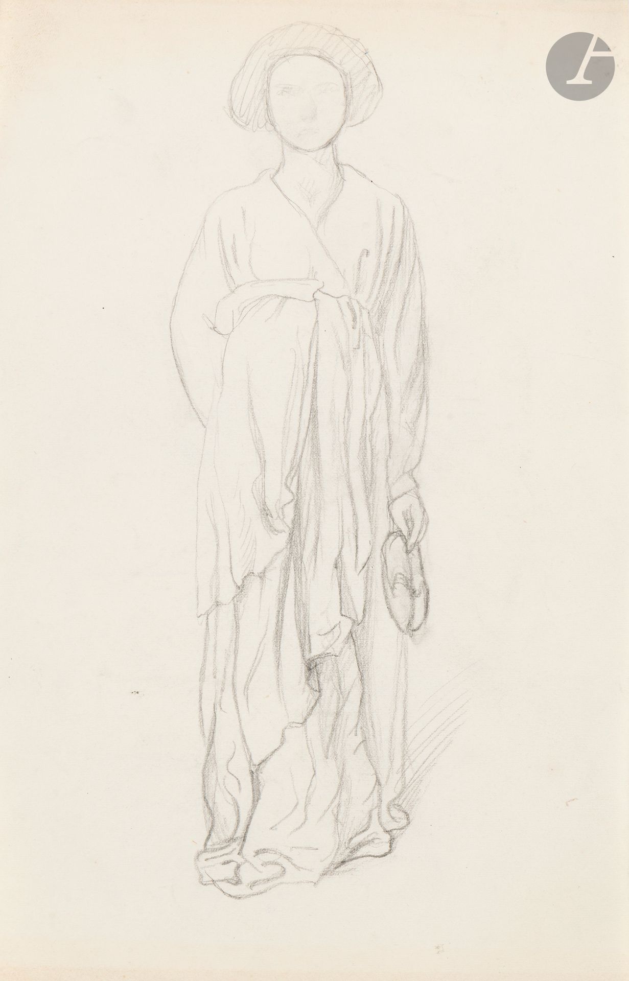 Félix VALLOTTON (1865 - 1925)
Femme en kimono
Mine de plomb.
Non signée.
(Traces d’oxydation sur les bords inférieur et supérieur).
29 x 18 cm

Provenance:
- Gabrielle Vallotton, née Bernheim, épouse de Félix Vallotton.
- Madeleine Lecomte du Noüy, née Rodrigues-Henriques, fille de Gabrielle Vallotton et belle-fille de Félix Vallotton. Par descendance.
- Isabelle Lecasble, née Lecomte du Noüy, fille de Madeleine Lecomte du Noüy (son cachet au dos). Par descendance.

Nous remercions Madame Katia Poletti, conservatrice de la Fondation Félix Vallotton pour les informations qu’elle nous a transmises.

Les dessins que nous présentons proviennent de la collection d’Isabelle Lecomte du Noüy et ont été hérités de sa grand-mère, Gabrielle Bernheim. Celle-ci avait épousé en secondes noces le peintre Félix Vallotton, figure majeure du groupe des Nabis et proche d’Édouard Vuillard. 

L’ensemble comprend de nombreuses études de nus, ainsi que plusieurs feuilles préparatoires d’œuvres peintes. Parmi celles-ci figurent notamment une étude pour Femme nue de dos blonde (1907), une étude pour Femme assise de dos (1915) conservé au Kunstmuseum de Luzern, ainsi qu’une étude en relation avec le tableau Vue d’Avignon (1920). Ces feuilles révèlent le processus créatif de Vallotton : l’artiste y explore les attitudes des figures, met en place la composition et l’équilibre des formes, tout en inscrivant directement sur le papier des annotations de couleurs destinées à guider l’élaboration de la peinture.

Cet ensemble, demeuré au sein d’une famille étroitement liée au nabisme et à ses représentants, apparaît aujourd’hui comme un témoignage particulièrement précieux. Afin d’en matérialiser la provenance, un cachet de collection aux initiales d’Isabelle Lecomte du Noüy a été apposé au verso de chacun des dessins.
