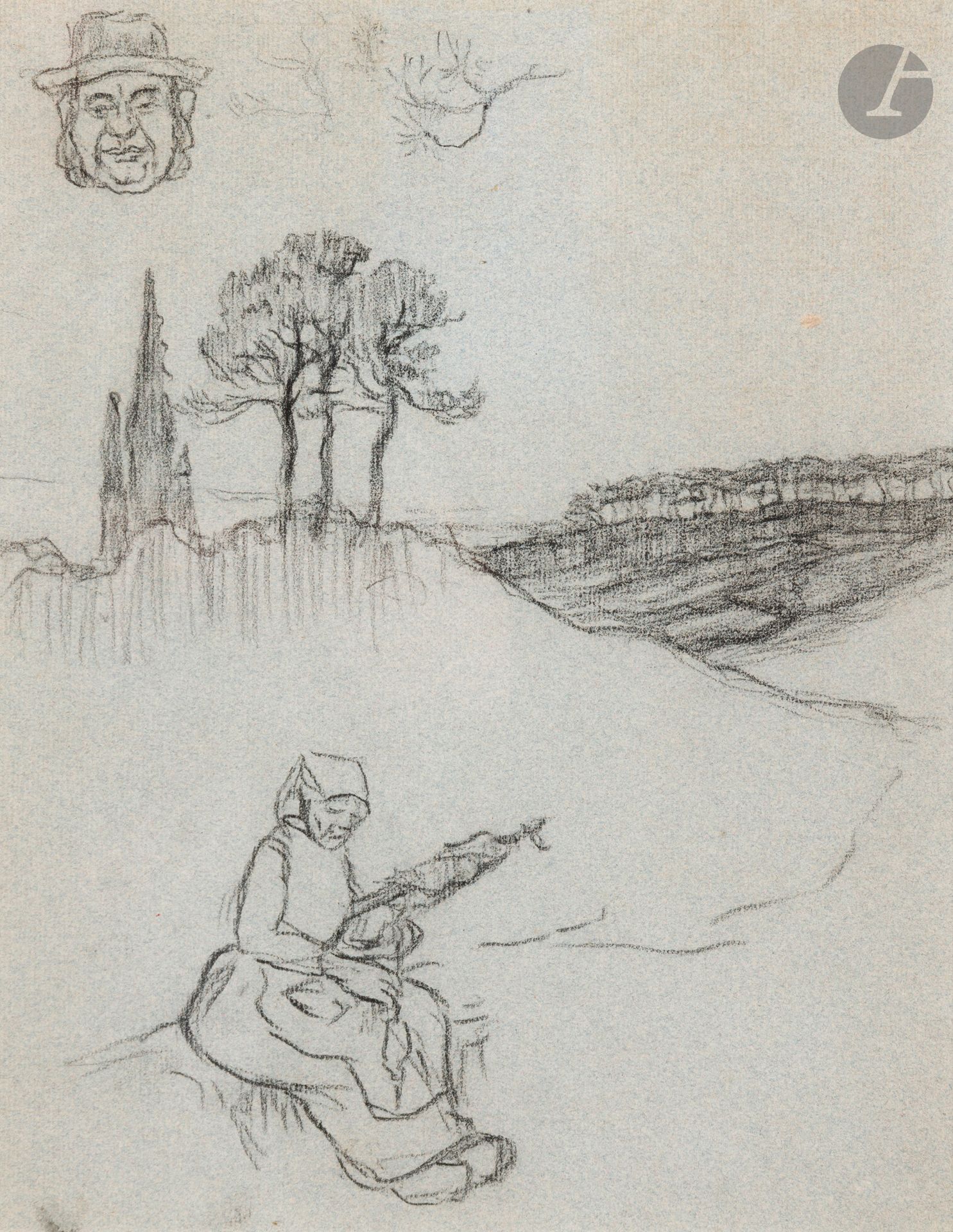Georges LACOMBE (1868 - 1916)
Seated Woman in a Landscape and Study of a Man's Head with Hat, circa 1895
Black pencil.
Monogram stamp on back (Lugt 4390).
28.5 x 22 cm

Our sheet can be compared with the artist's sketchbook now in the Musée d'Orsay (RF 39022).

We would like to thank Mr. Gilles Genty for kindly confirming the authenticity of this drawing and for the information he provided.