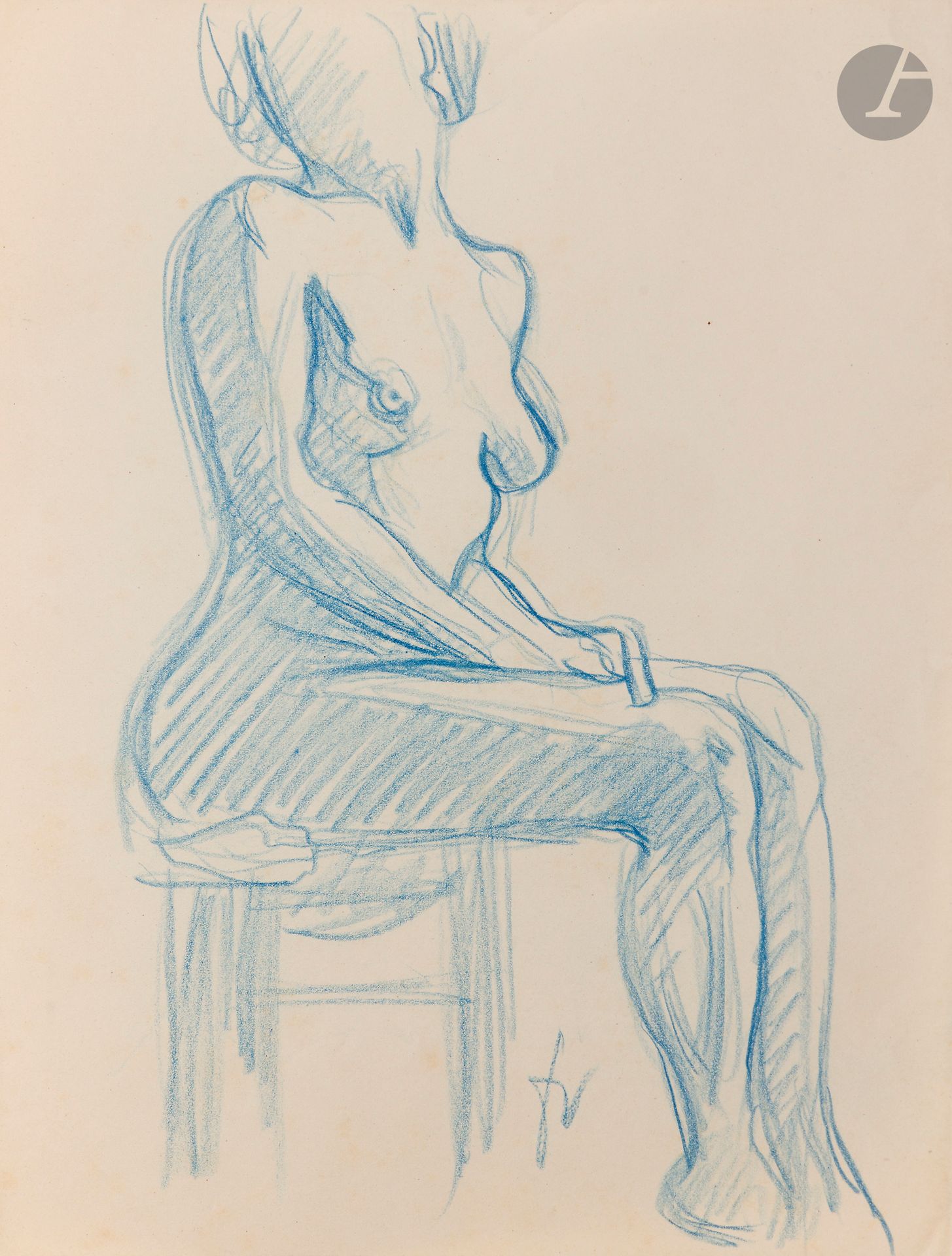 Félix VALLOTTON (1865 - 1925)
Femme nue assise
Crayon bleu.
Monogrammé en pied.
23 x 18,5 cm

Provenance:
- Gabrielle Vallotton, née Bernheim, épouse de Félix Vallotton.
- Madeleine Lecomte du Noüy, née Rodrigues-Henriques, fille de Gabrielle Vallotton et belle-fille de Félix Vallotton. Par descendance.
- Isabelle Lecasble, née Lecomte du Noüy, fille de Madeleine Lecomte du Noüy (son cachet au dos). Par descendance.

Nous remercions Madame Katia Poletti, conservatrice de la Fondation Félix Vallotton pour les informations qu’elle nous a transmises.

Les dessins que nous présentons proviennent de la collection d’Isabelle Lecomte du Noüy et ont été hérités de sa grand-mère, Gabrielle Bernheim. Celle-ci avait épousé en secondes noces le peintre Félix Vallotton, figure majeure du groupe des Nabis et proche d’Édouard Vuillard. 

L’ensemble comprend de nombreuses études de nus, ainsi que plusieurs feuilles préparatoires d’œuvres peintes. Parmi celles-ci figurent notamment une étude pour Femme nue de dos blonde (1907), une étude pour Femme assise de dos (1915) conservé au Kunstmuseum de Luzern, ainsi qu’une étude en relation avec le tableau Vue d’Avignon (1920). Ces feuilles révèlent le processus créatif de Vallotton : l’artiste y explore les attitudes des figures, met en place la composition et l’équilibre des formes, tout en inscrivant directement sur le papier des annotations de couleurs destinées à guider l’élaboration de la peinture.

Cet ensemble, demeuré au sein d’une famille étroitement liée au nabisme et à ses représentants, apparaît aujourd’hui comme un témoignage particulièrement précieux. Afin d’en matérialiser la provenance, un cachet de collection aux initiales d’Isabelle Lecomte du Noüy a été apposé au verso de chacun des dessins.