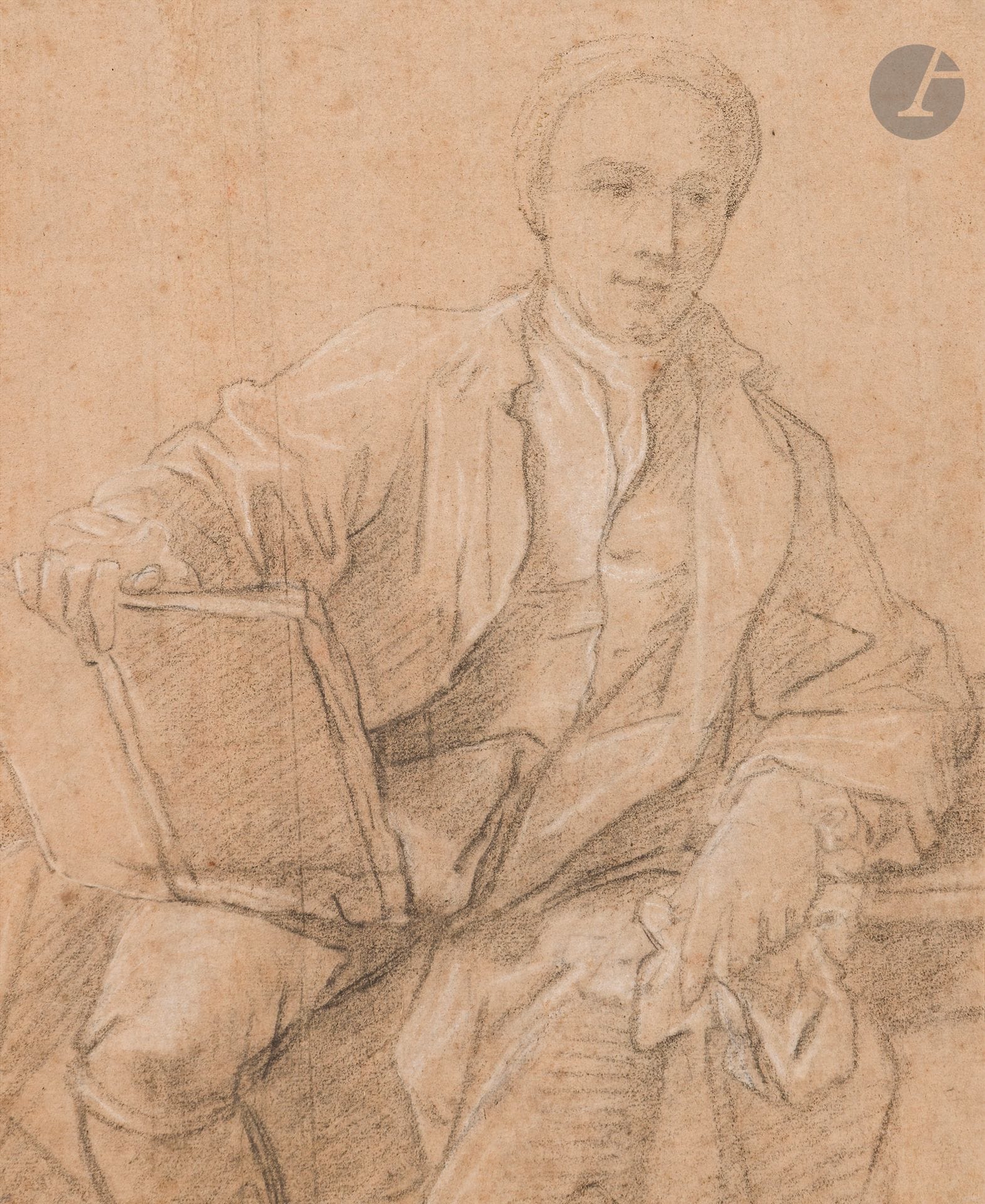 ÉCOLE FRANÇAISE OU ITALIENNE DU XVIIIe siècle
Portrait d’artiste
Pierre noire et rehauts de craie blanche. 
(Taches et pliures). 
31,5 x 25,5 cm