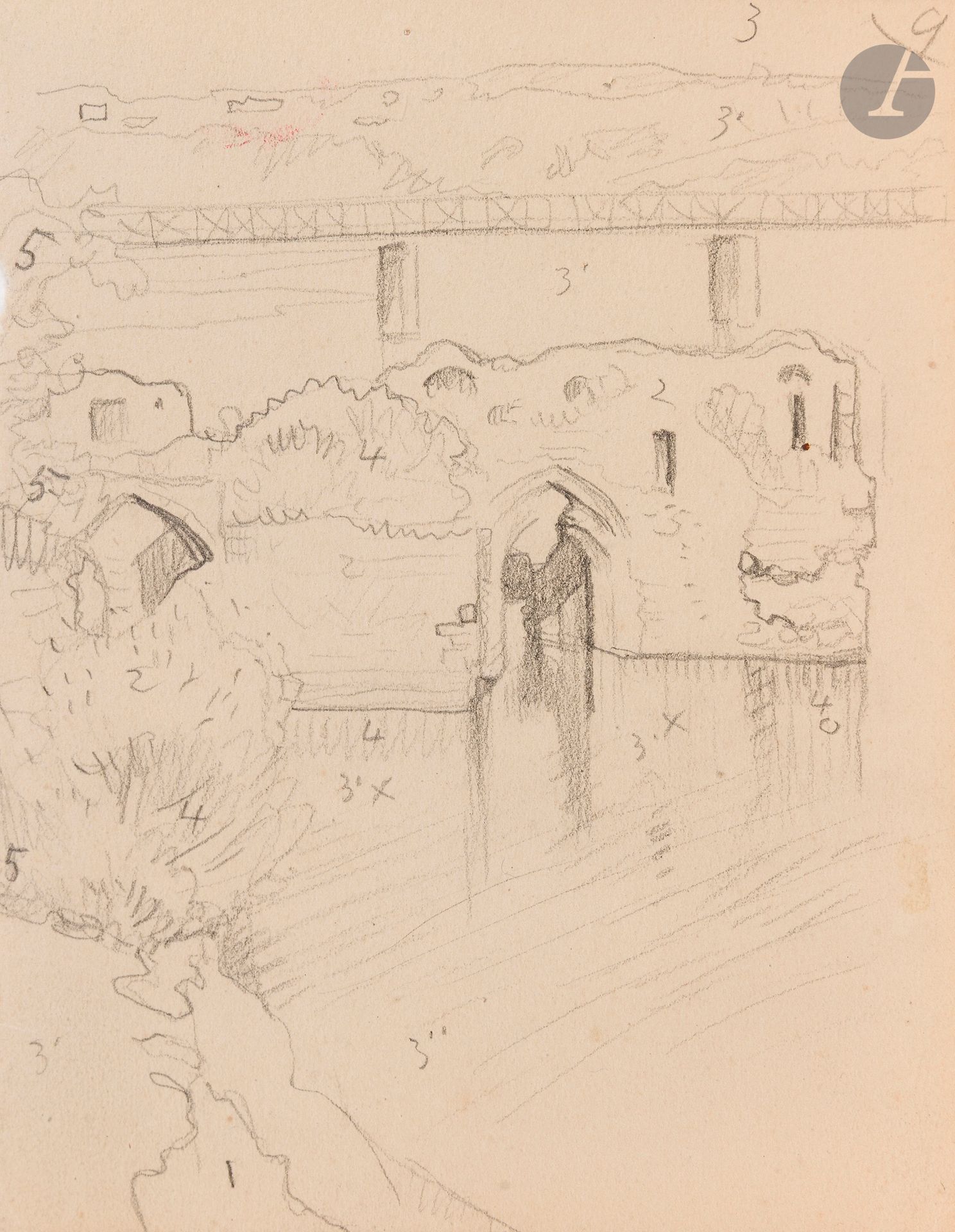 Félix VALLOTTON (1865 - 1925)
Study for A Ruin on the Loire, 1923
Graphite on a notebook page.
Unsigned.
(Uneven left edge, trace of red ink towards upper edge).
15 x 12 cm

Provenance:
- Gabrielle Vallotton, née Bernheim, wife of Félix Vallotton.
- Madeleine Lecomte du Noüy, née Rodrigues-Henriques, daughter of Gabrielle Vallotton and daughter-in-law of Félix Vallotton. By descent.
- Isabelle Lecasble, née Lecomte du Noüy, daughter of Madeleine Lecomte du Noüy (her stamp on the back). By descent.

Related work: 
Une ruine sur la Loire, 1923 reproduced in Marina Ducrey, with the collaboration of Katia Poletti, Félix Vallotton (1865-1925), L'œuvre peint, Volume III, Lausanne, Fondation Félix Vallotton, Lausanne/Zurich, Institut suisse pour l'étude de l'art (Catalogues raisonnés d'artistes suisses 22), Milan, 5 Continents Éditions, 2005, n°1535, p. 808. 

We would like to thank Ms. Katia Poletti, curator of the Fondation Félix Vallotton, for the information she provided.

The drawings we are presenting come from the collection of Isabelle Lecomte du Noüy and were inherited from her grandmother, Gabrielle Bernheim. Her grandmother, Gabrielle Bernheim, had married the painter Félix Vallotton, a major figure in the Nabis group and a close associate of Édouard Vuillard. 

The set includes numerous nude studies, as well as several preparatory sheets for painted works. These include a study for Femme nue de dos blonde (1907), a study for Femme assise de dos (1915) in the Kunstmuseum Luzern, and a study for the painting Vue d'Avignon (1920). These sheets reveal Vallotton's creative process: the artist explores the attitudes of the figures, sets up the composition and balance of forms, while inscribing color annotations directly on the paper to guide the elaboration of the painting.

This collection, which remained in a family closely associated with Nabism and its representatives, is today a particularly precious testimony. To identify its provenance, a collection stamp bearing Isabelle Lecomte du Noüy's initials has been affixed to the reverse of each drawing.
