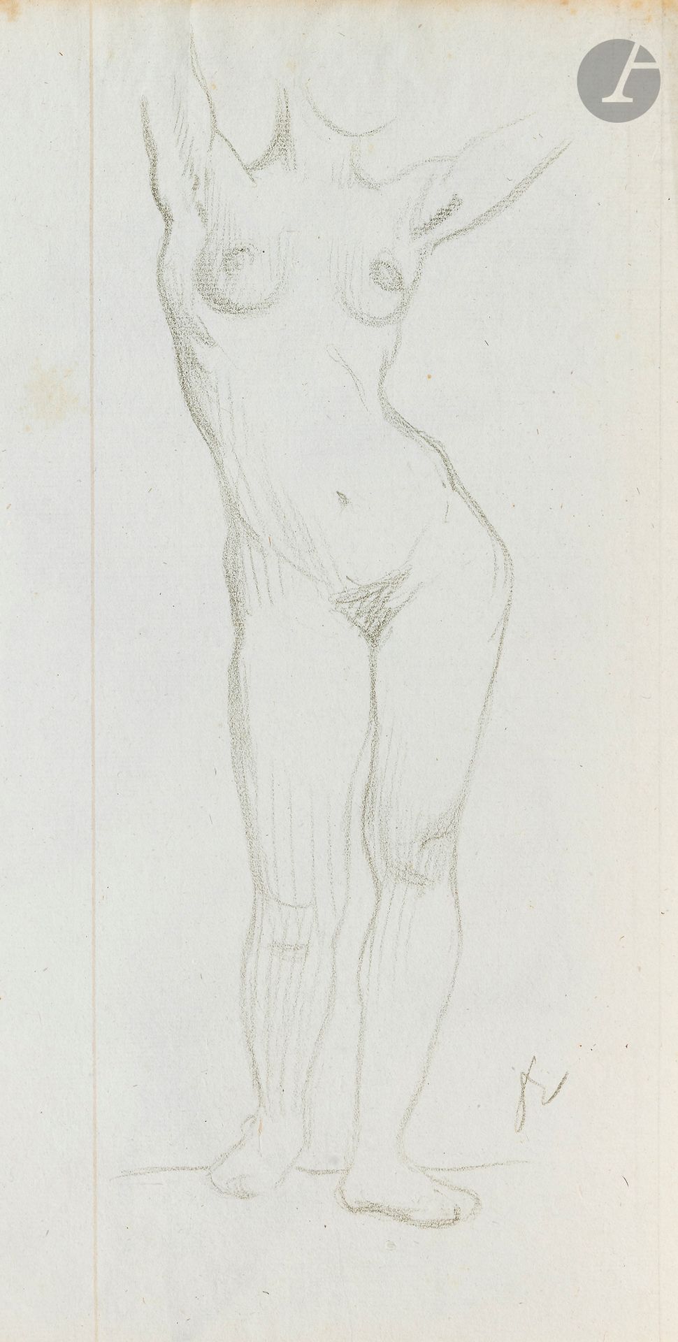 Félix VALLOTTON (1865 - 1925)
Study of a nude woman with her arms raised
Black pencil on gray laid paper.
Monogrammed lower right.
(Trace of oxidation along the upper edge and slight foxing).
31 x 16.5 cm

Provenance
- Gabrielle Vallotton, née Bernheim, wife of Félix Vallotton.
- Madeleine Lecomte du Noüy, née Rodrigues-Henriques, daughter of Gabrielle Vallotton and daughter-in-law of Félix Vallotton. By descent.
- Isabelle Lecasble, née Lecomte du Noüy, daughter of Madeleine Lecomte du Noüy (her stamp on the back). By descent.

We would like to thank Madame Katia Poletti, curator of the Félix Vallotton Foundation, for the information she provided.

The drawings we are presenting come from the collection of Isabelle Lecomte du Noüy and were inherited from her grandmother, Gabrielle Bernheim. Her grandmother, Gabrielle Bernheim, had married the painter Félix Vallotton, a major figure in the Nabis group and a close associate of Édouard Vuillard. 

The set includes numerous nude studies, as well as several preparatory sheets for painted works. These include a study for Femme nue de dos blonde (1907), a study for Femme assise de dos (1915) in the Kunstmuseum Luzern, and a study for the painting Vue d'Avignon (1920). These sheets reveal Vallotton's creative process: the artist explores the attitudes of the figures, sets up the composition and balance of forms, while inscribing color annotations directly on the paper to guide the elaboration of the painting.

This collection, which remained in a family closely linked to Nabism and its representatives, is today a particularly precious testimony. To identify its provenance, a collection stamp bearing Isabelle Lecomte du Noüy's initials has been affixed to the reverse of each drawing.