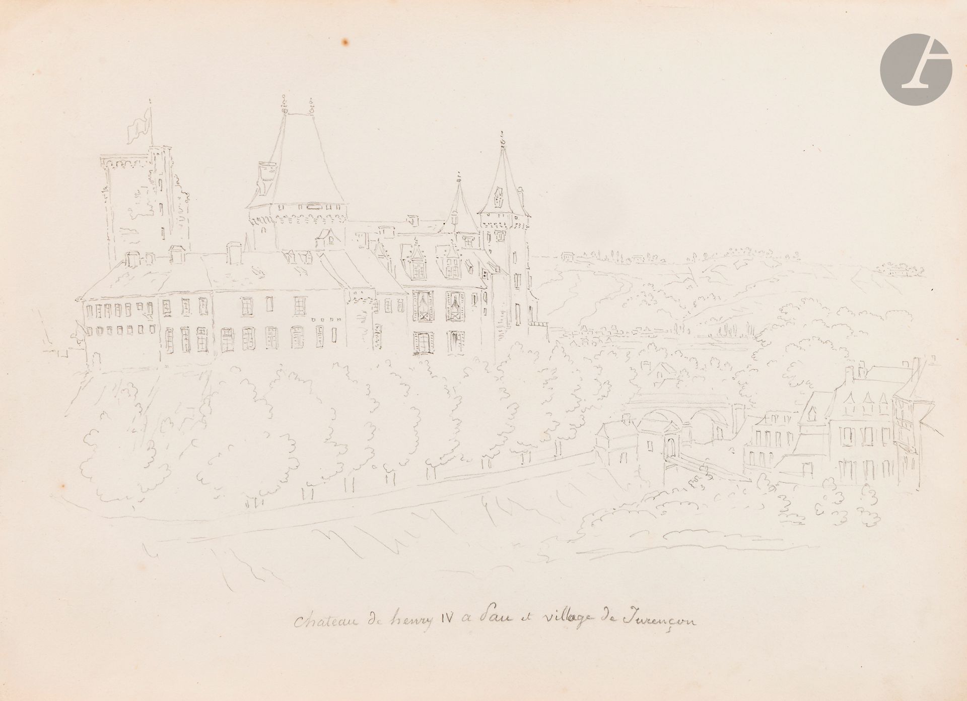 Henri de MONTAUT (Paris 1829 - 1889)
Vue du château d’Henri IV à Pau
Crayon noir.
Situé en bas au centre.
(Petites taches).
24,8 x 33,5 cm

On joint neuf autres dessins de paysages du même artiste.