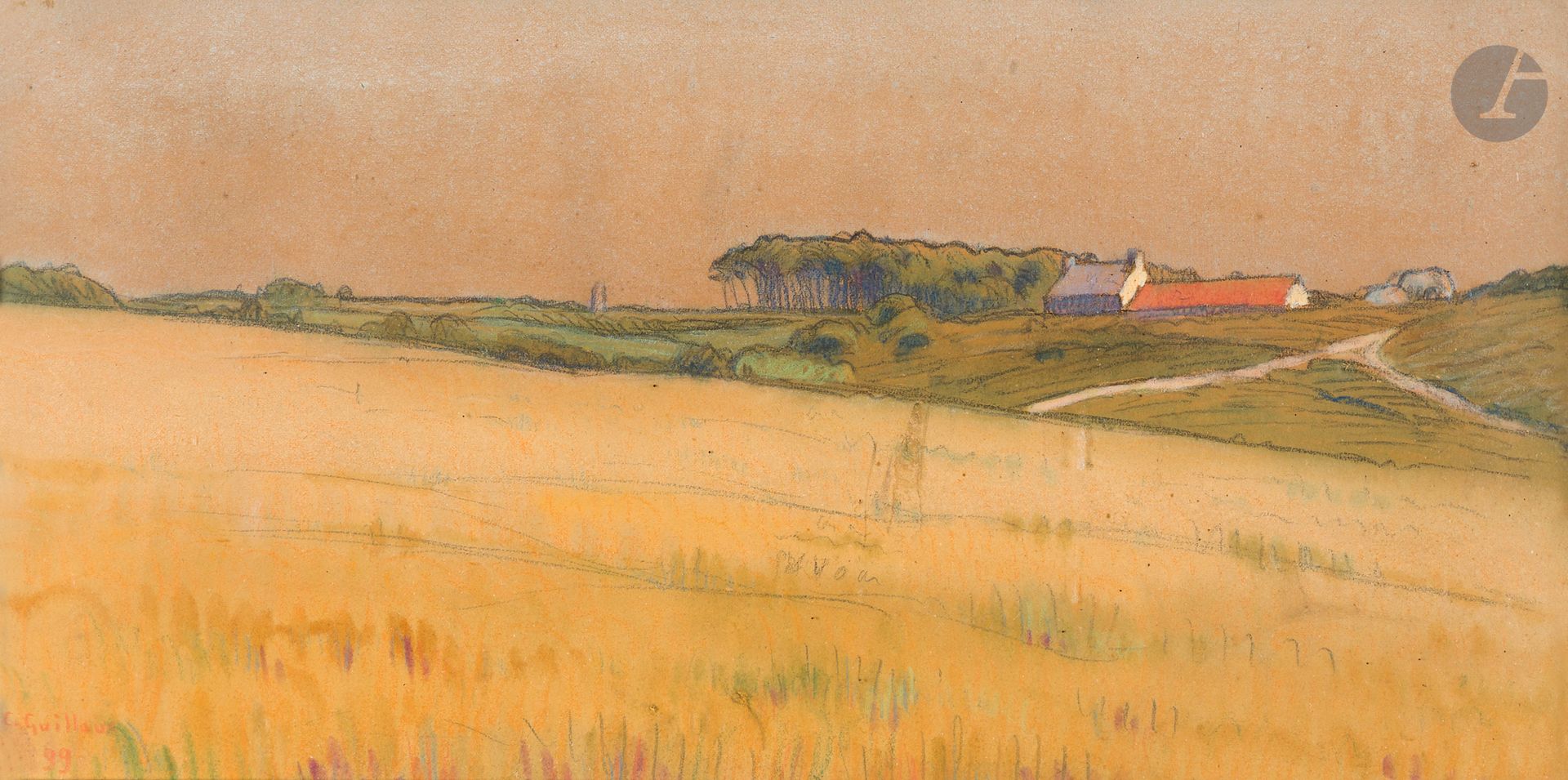 Charles Victor GUILLOUX (1866 - 1946)
Paysage de Bretagne, 1899
Pastel et traits de fusain.
Signé et daté en bas à gauche.
(Accident).
17 x 36 cm