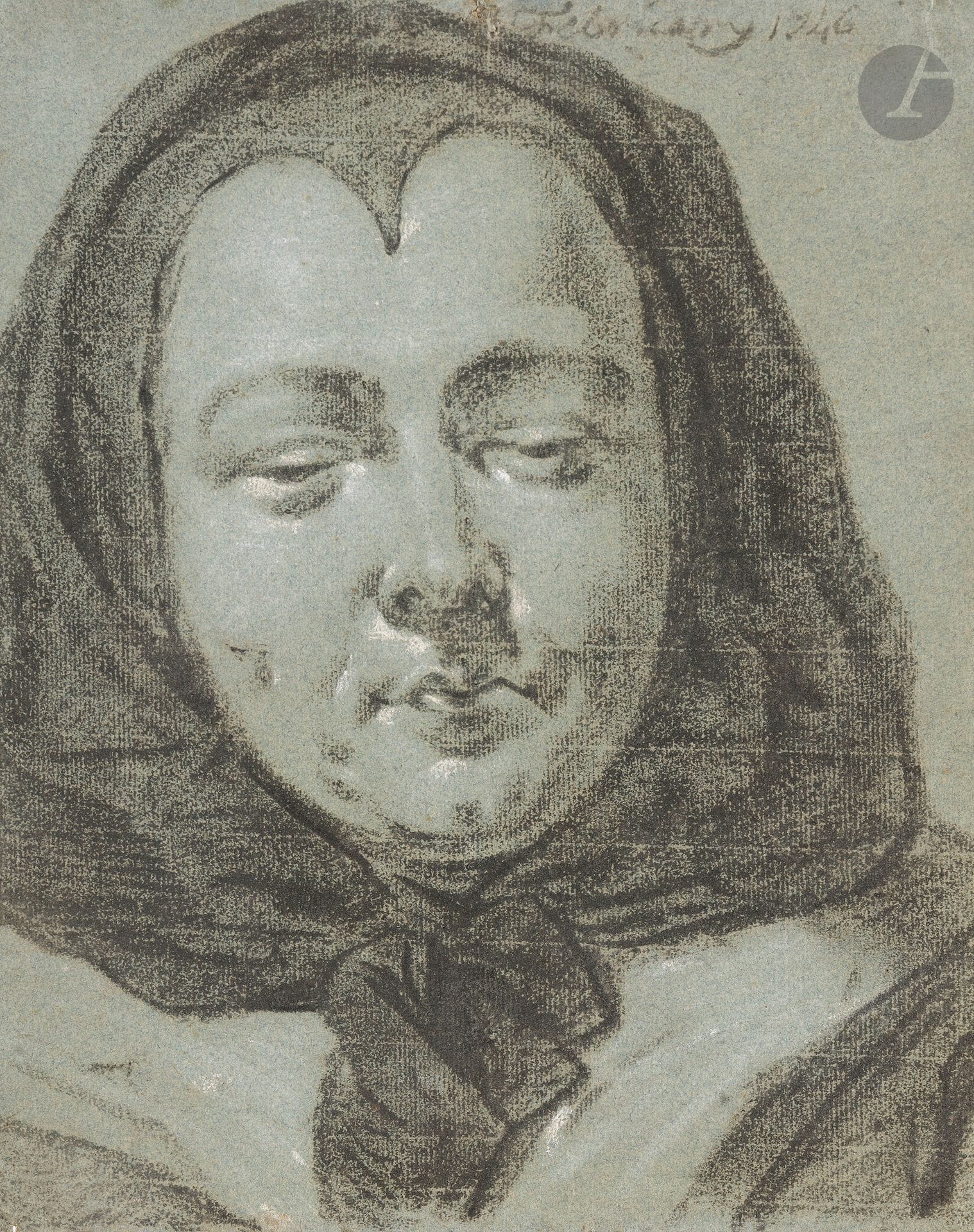 Jan GAREMIJN (Bruges 1712 - 1799)
Portrait de femme au capuchon
Pierre noire et rehauts de craie blanche sur papier anciennement bleu.
Datée en haut à droite « 3 February 1746 ».
(Pliures et taches, petit trou en haut au centre).
33 x 26,5 cm

Jan Garemijn, très jeune, fut l’élève du sculpteur Rochus Aerts, de Hendrik Pulinx et Lodewijk Roose, tous deux peintres. En 1765, il devint professeur et directeur de l’académie de Bruges, poste qu’il occupa pendant dix ans. Artiste prolifique, il est surtout admiré pour ses qualités de dessinateur. Son style fut fortement influencé par les grands artistes français tels que Boucher, Fragonard et Greuze mais aussi par ses compatriotes Jordaens et Rubens.