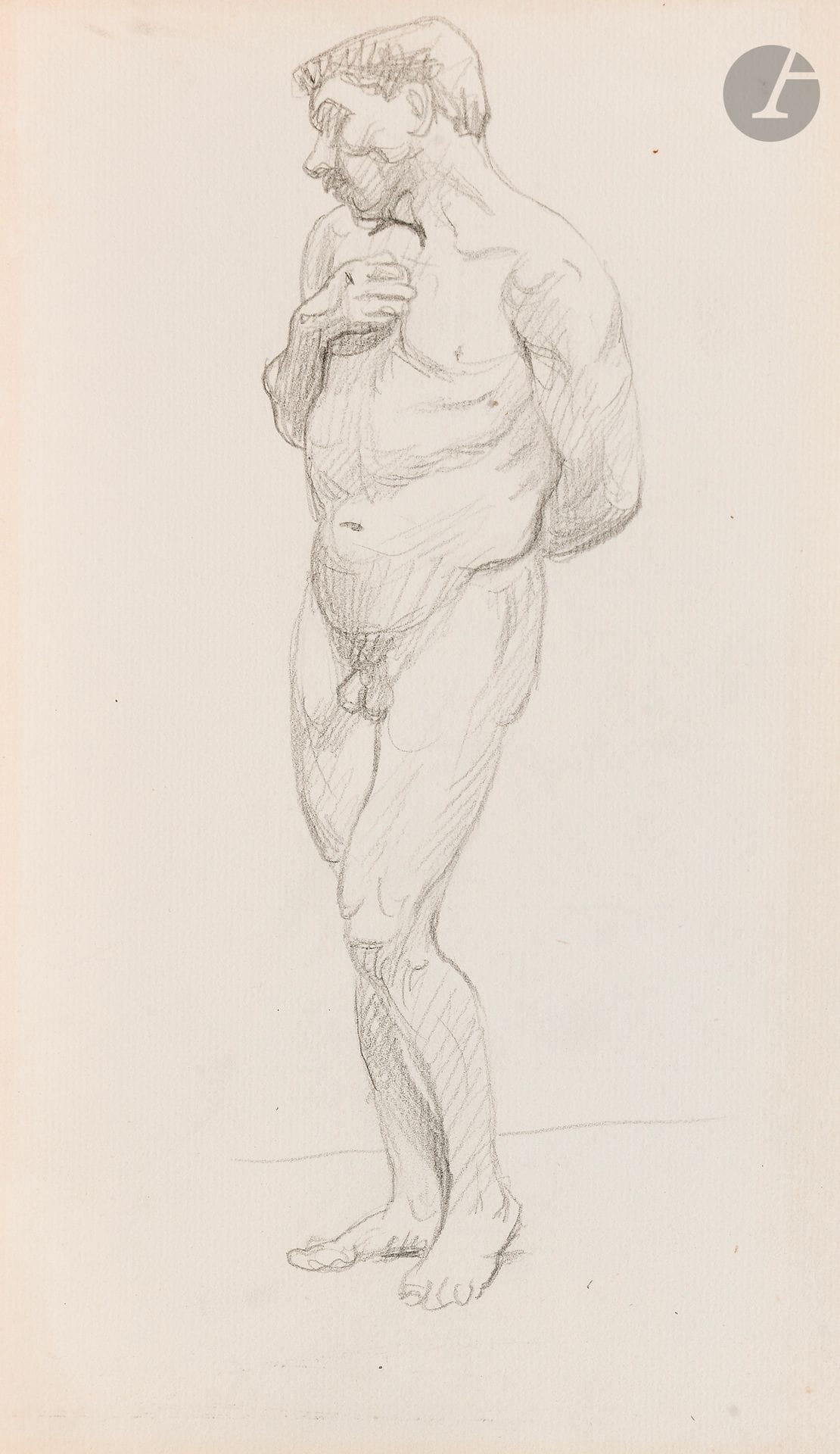 Félix VALLOTTON (1865 - 1925)
Study of a nude man
Graphite on laid paper.
Unsigned
(Slight discoloration along the left edge).
26 x 15.5 cm

Provenance
- Gabrielle Vallotton, née Bernheim, wife of Félix Vallotton.
- Madeleine Lecomte du Noüy, née Rodrigues-Henriques, daughter of Gabrielle Vallotton and daughter-in-law of Félix Vallotton. By descent.
- Isabelle Lecasble, née Lecomte du Noüy, daughter of Madeleine Lecomte du Noüy (her stamp on the back). By descent.

We would like to thank Madame Katia Poletti, curator of the Félix Vallotton Foundation, for the information she provided.

The drawings we are presenting come from the collection of Isabelle Lecomte du Noüy and were inherited from her grandmother, Gabrielle Bernheim. Her grandmother, Gabrielle Bernheim, had married the painter Félix Vallotton, a major figure in the Nabis group and a close associate of Édouard Vuillard. 

The set includes numerous nude studies, as well as several preparatory sheets for painted works. These include a study for Femme nue de dos blonde (1907), a study for Femme assise de dos (1915) in the Kunstmuseum Luzern, and a study for the painting Vue d'Avignon (1920). These sheets reveal Vallotton's creative process: the artist explores the attitudes of the figures, sets up the composition and balance of forms, while inscribing color annotations directly on the paper to guide the elaboration of the painting.

This group of works, which remained in a family closely linked to Nabism and its representatives, is today a particularly precious testimony. To identify its provenance, a collection stamp bearing Isabelle Lecomte du Noüy's initials has been affixed to the reverse of each drawing.