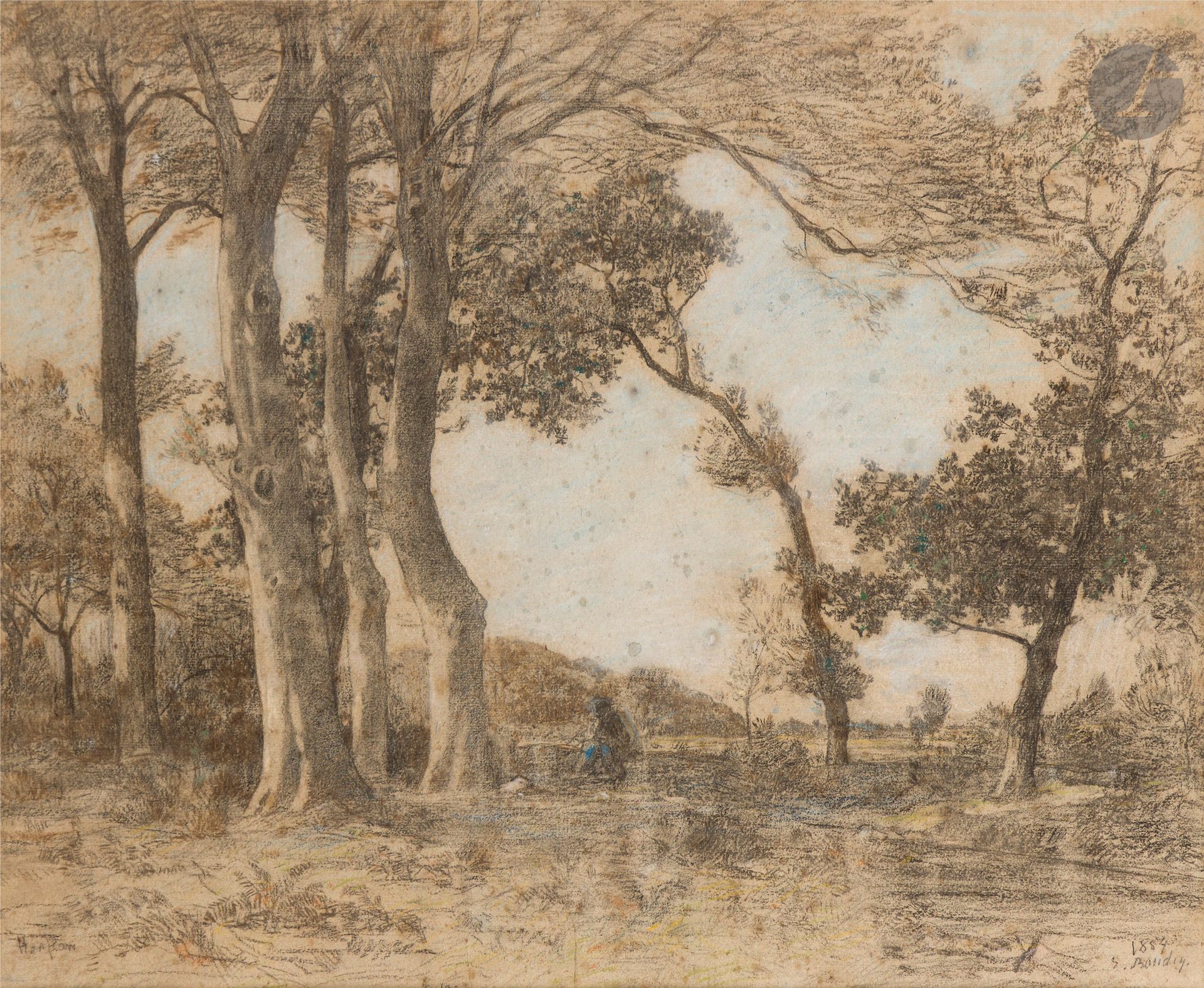 Eugène BOUDIN (Honfleur 1824 - Deauville 1898)
Man at rest in a landscape near Honfleur, 1854 
Charcoal and pastel.
Signed and dated lower right.
Located lower left "Honfleur".
(Freckles).
43 x 54 cm