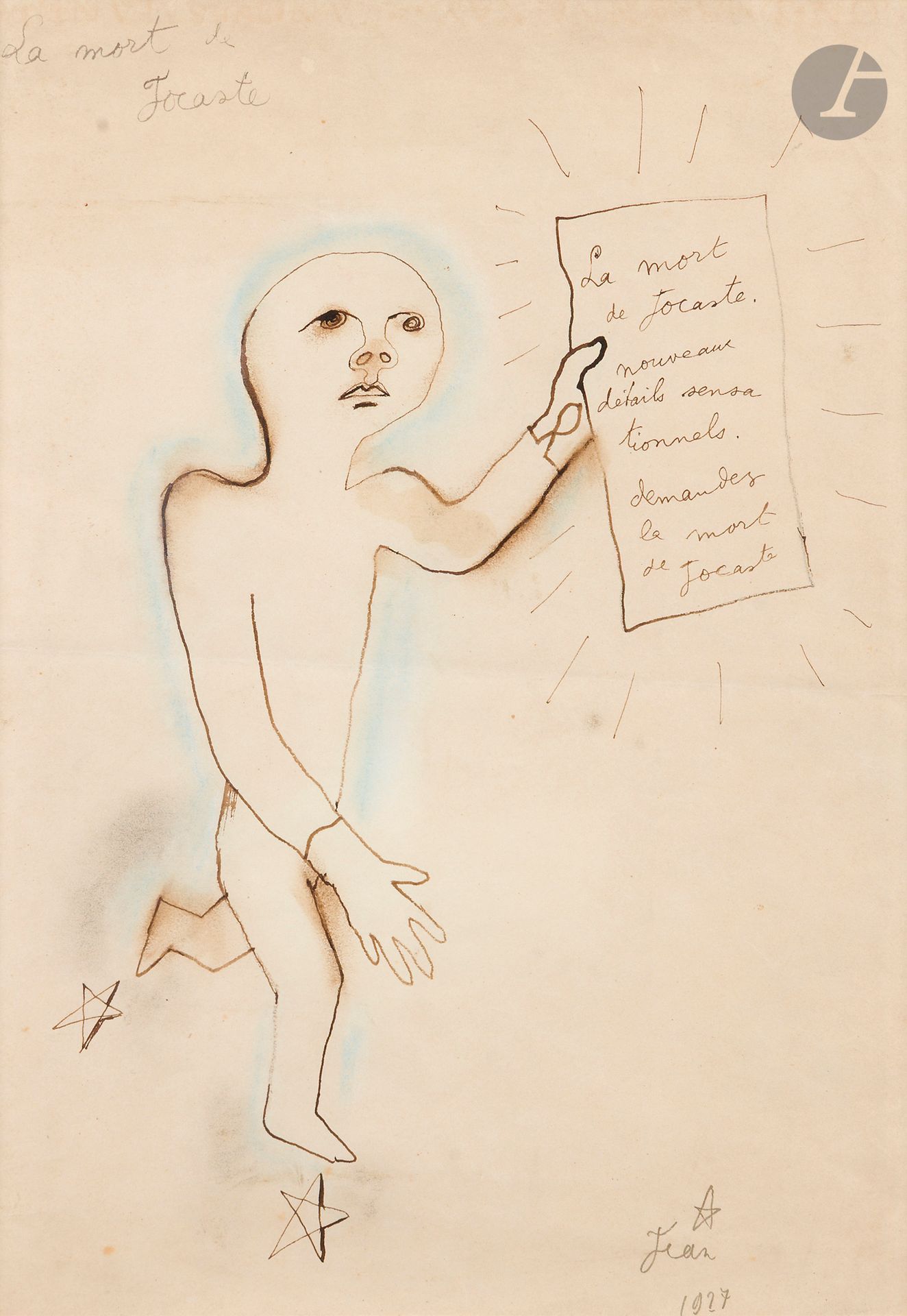Jean COCTEAU (1889 - 1963)
La Mort de Jocaste, 1927
Encre brune, lavis brun et aquarelle.
Signée « Jean » et datée en bas à droite.
(Pli médian).
35 x 25 cm

Un certificat de Madame Annie Guédras, en date du 7 septembre 2004, sera remis à l’acquéreur.