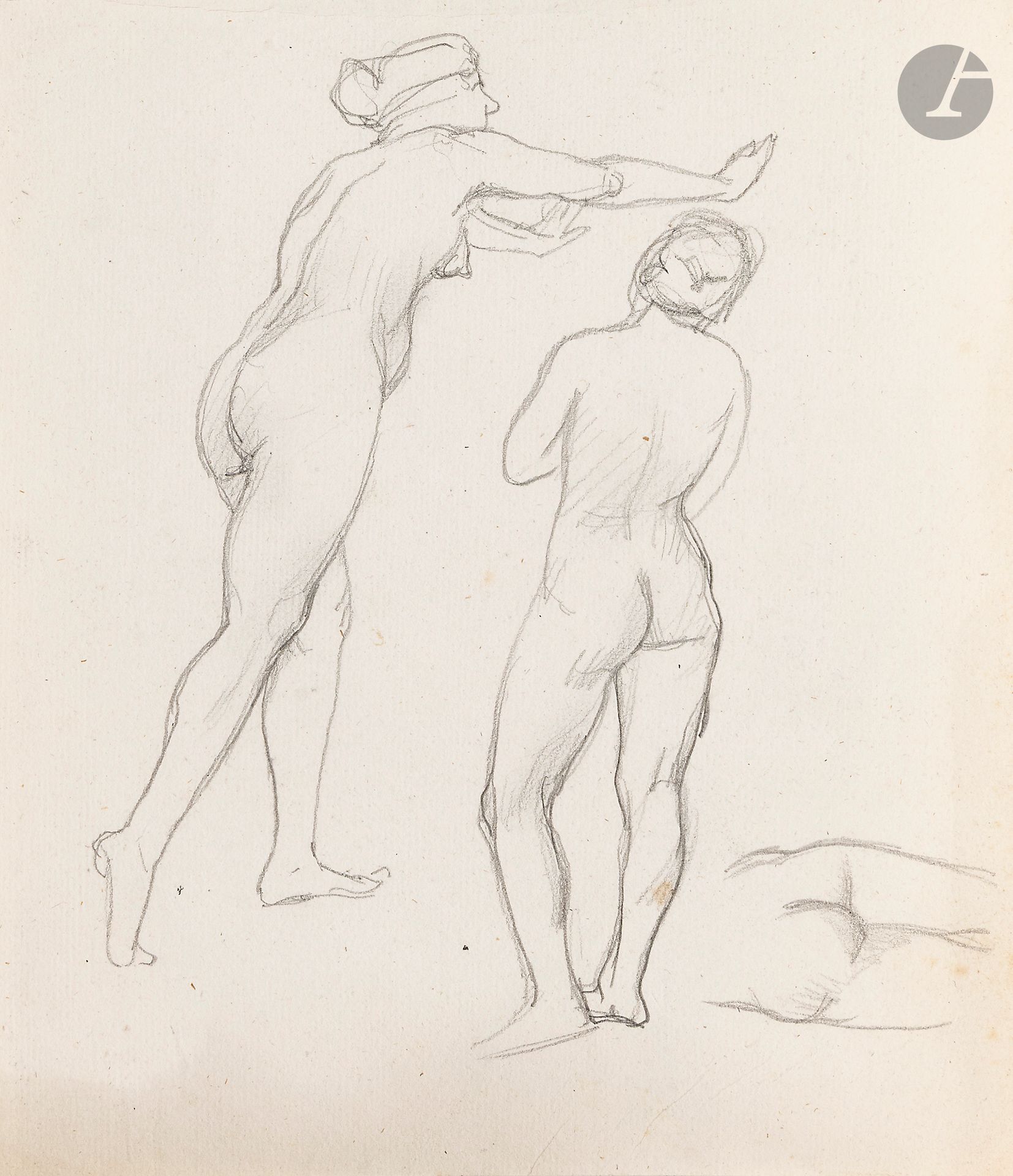 Félix VALLOTTON (1865 - 1925)
Studies of nude women and buttocks
Graphite.
Unsigned.
(Left edge irregular and discoloration).
23 x 20 cm

Provenance:
- Gabrielle Vallotton, née Bernheim, wife of Félix Vallotton.
- Madeleine Lecomte du Noüy, née Rodrigues-Henriques, daughter of Gabrielle Vallotton and daughter-in-law of Félix Vallotton. By descent.
- Isabelle Lecasble, née Lecomte du Noüy, daughter of Madeleine Lecomte du Noüy (her stamp on the back). By descent.

We would like to thank Madame Katia Poletti, curator of the Félix Vallotton Foundation, for the information she provided.


The drawings we are presenting come from the collection of Isabelle Lecomte du Noüy and were inherited from her grandmother, Gabrielle Bernheim. Her grandmother, Gabrielle Bernheim, had married the painter Félix Vallotton, a major figure in the Nabis group and a close associate of Édouard Vuillard. 

The set includes numerous nude studies, as well as several preparatory sheets for painted works. These include a study for Femme nue de dos blonde (1907), a study for Femme assise de dos (1915) in the Kunstmuseum Luzern, and a study for the painting Vue d'Avignon (1920). These sheets reveal Vallotton's creative process: the artist explores the attitudes of the figures, sets up the composition and balance of forms, while inscribing color annotations directly on the paper to guide the elaboration of the painting.

This group of works, which remained in a family closely linked to Nabism and its representatives, is today a particularly precious testimony. To identify its provenance, a collection stamp bearing Isabelle Lecomte du Noüy's initials has been affixed to the reverse of each drawing.