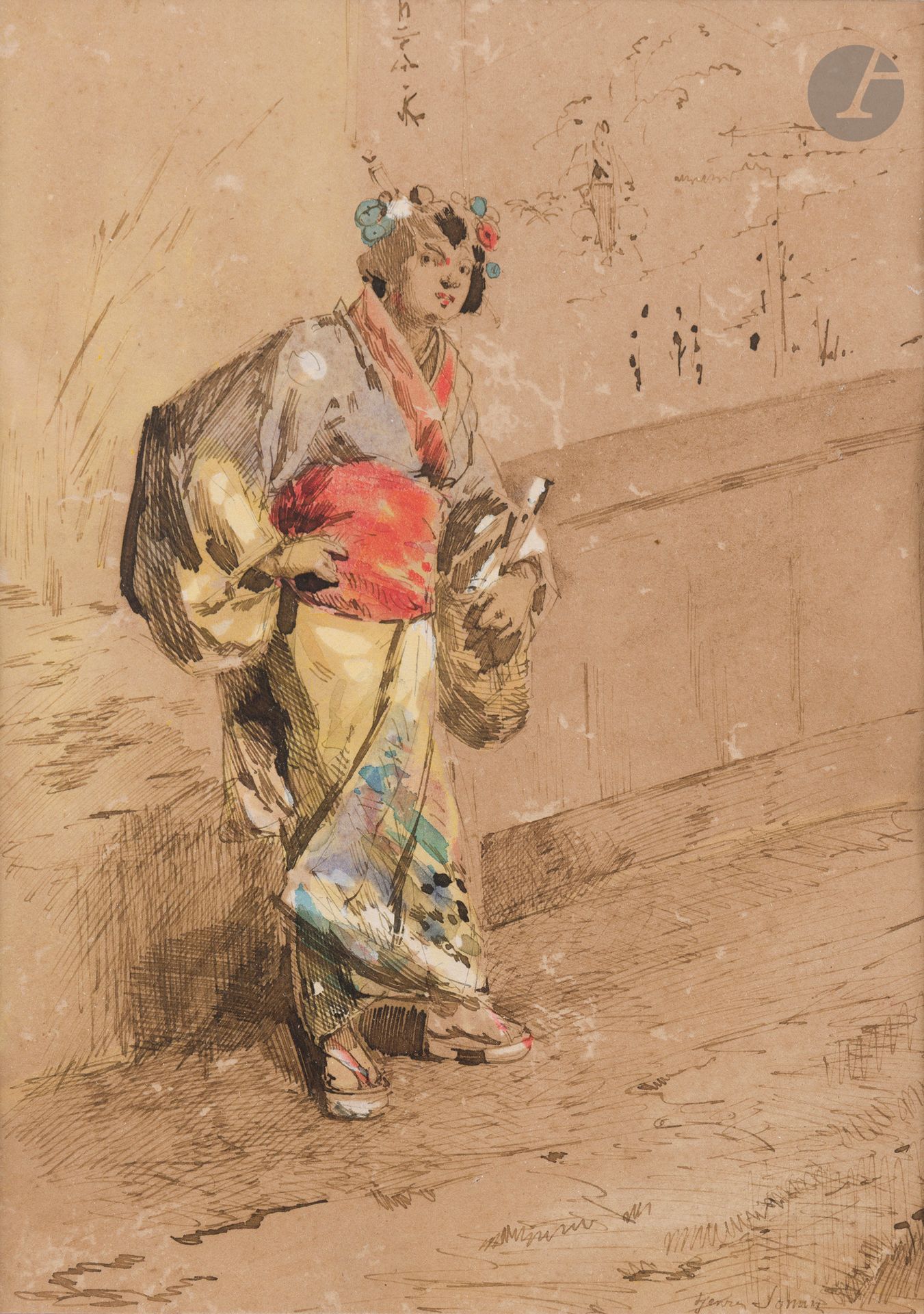 François-Clément Sommier, known as Henry SOMM (1844 - 1907)
Japanese woman in traditional costume
Ink, watercolor and gouache.
Signed lower right. 
(Wear).
23 x 16.5 cm