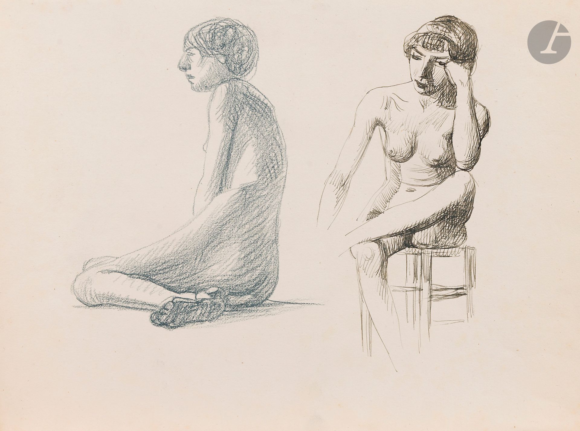 Félix VALLOTTON (1865 - 1925)
Study of a seated woman
Blue pencil and black ink.
Unsigned.
23 x 30.5 cm

Provenance
- Gabrielle Vallotton, née Bernheim, wife of Félix Vallotton.
- Madeleine Lecomte du Noüy, née Rodrigues-Henriques, daughter of Gabrielle Vallotton and daughter-in-law of Félix Vallotton. By descent.
- Isabelle Lecasble, née Lecomte du Noüy, daughter of Madeleine Lecomte du Noüy (her stamp on the back). By descent.

We would like to thank Madame Katia Poletti, curator of the Félix Vallotton Foundation, for the information she provided.

The drawings we are presenting come from the collection of Isabelle Lecomte du Noüy and were inherited from her grandmother, Gabrielle Bernheim. Her grandmother, Gabrielle Bernheim, had married the painter Félix Vallotton, a major figure in the Nabis group and a close associate of Édouard Vuillard. 

The set includes numerous nude studies, as well as several preparatory sheets for painted works. These include a study for Femme nue de dos blonde (1907), a study for Femme assise de dos (1915) in the Kunstmuseum Luzern, and a study for the painting Vue d'Avignon (1920). These sheets reveal Vallotton's creative process: the artist explores the attitudes of the figures, sets up the composition and balance of forms, while inscribing color annotations directly on the paper to guide the elaboration of the painting.

This collection, which remained in a family closely associated with Nabism and its representatives, is today a particularly precious testimony. To identify its provenance, a collection stamp bearing Isabelle Lecomte du Noüy's initials has been affixed to the reverse of each drawing.