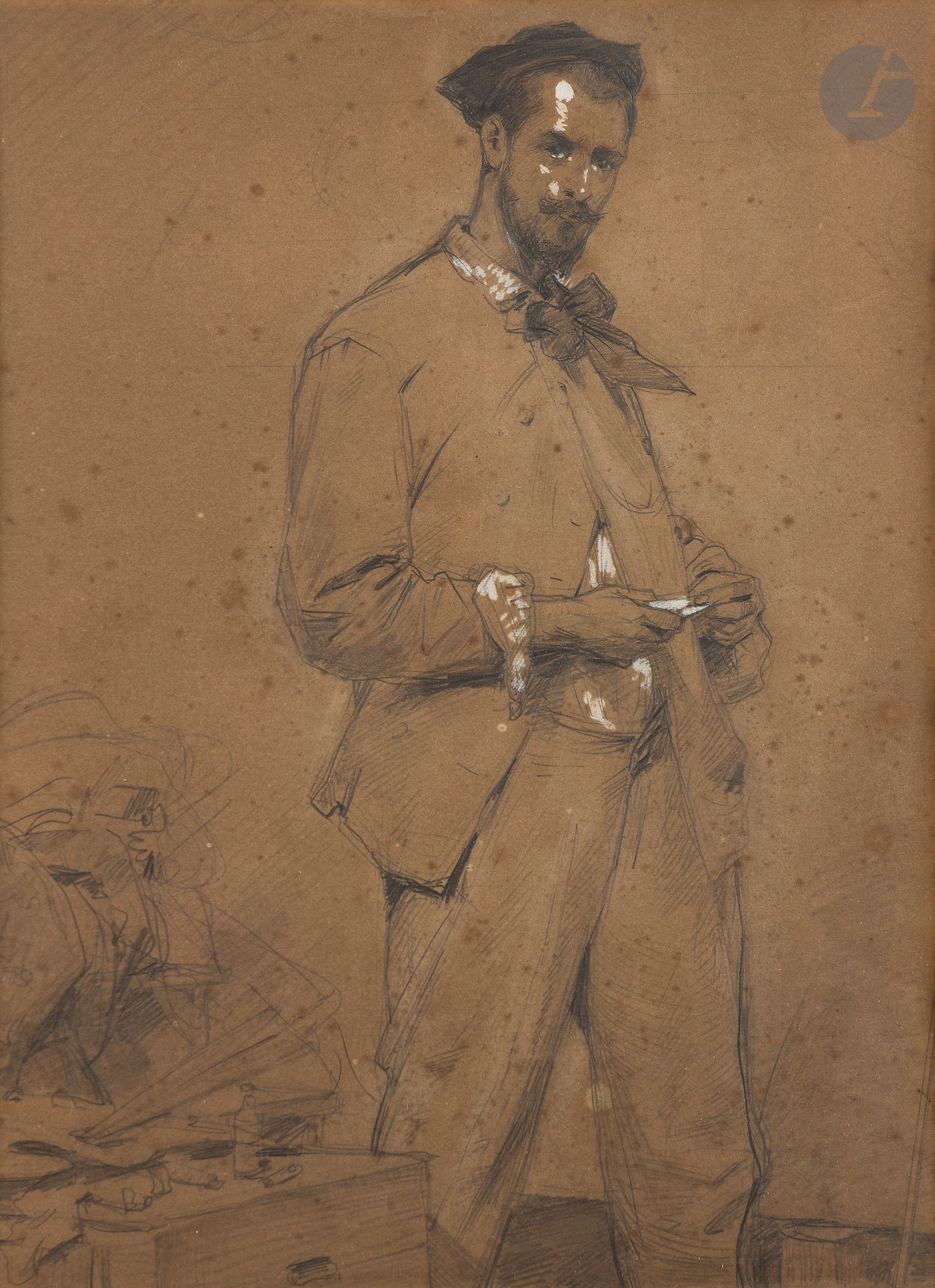 Paul-Victor Mathey (Paris 1844 - Paris 1929)
Portrait du peintre Georges Clairin (1843-1919) dans son atelier, vers 1885
Crayon noir et rehauts de gouache blanche.
Au dos du cadre sur le carton de fond, inscription de la main du fils de l’artiste certifiant l’authenticité de l’œuvre.
(Insolé et rousseurs).
35,4 x 25,7 cm

Provenance :
- Jacques Mathey (1883-1973), expert et critique d’art. 
- Resté dans la famille jusqu’à nos jours.

On y joint une rare eau-forte de même provenance par Paul Mathey, Portrait de Clairin, réalisée d’après notre dessin (29,3 x 22,4 cm, inscription au crayon en bas à droite « état 6 (10) / Clairin » et signé au crayon noir en bas à droite « P Mathey »).

 Notre dessin est préparatoire au grand tableau conservé au musée municipal de Hazebrouck, exposé à Paris au Salon de 1885, Portrait de M. G. C... (cat. n°1693).