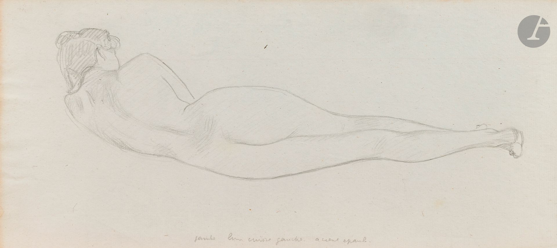 Félix VALLOTTON (1865 - 1925)
Femme nue couchée
Mine de plomb sur papier vergé.
Non signée.
Annotée en pied.
(Oxydations sur les bords gauche et supérieur).
16,5 x 31 cm

Provenance:
- Gabrielle Vallotton, née Bernheim, épouse de Félix Vallotton.
- Madeleine Lecomte du Noüy, née Rodrigues-Henriques, fille de Gabrielle Vallotton et belle-fille de Félix Vallotton. Par descendance.
- Isabelle Lecasble, née Lecomte du Noüy, fille de Madeleine Lecomte du Noüy (son cachet au dos). Par descendance.

Nous remercions Madame Katia Poletti, conservatrice de la Fondation Félix Vallotton pour les informations qu’elle nous a transmises.


Les dessins que nous présentons proviennent de la collection d’Isabelle Lecomte du Noüy et ont été hérités de sa grand-mère, Gabrielle Bernheim. Celle-ci avait épousé en secondes noces le peintre Félix Vallotton, figure majeure du groupe des Nabis et proche d’Édouard Vuillard. 

L’ensemble comprend de nombreuses études de nus, ainsi que plusieurs feuilles préparatoires d’œuvres peintes. Parmi celles-ci figurent notamment une étude pour Femme nue de dos blonde (1907), une étude pour Femme assise de dos (1915) conservé au Kunstmuseum de Luzern, ainsi qu’une étude en relation avec le tableau Vue d’Avignon (1920). Ces feuilles révèlent le processus créatif de Vallotton : l’artiste y explore les attitudes des figures, met en place la composition et l’équilibre des formes, tout en inscrivant directement sur le papier des annotations de couleurs destinées à guider l’élaboration de la peinture.

Cet ensemble, demeuré au sein d’une famille étroitement liée au nabisme et à ses représentants, apparaît aujourd’hui comme un témoignage particulièrement précieux. Afin d’en matérialiser la provenance, un cachet de collection aux initiales d’Isabelle Lecomte du Noüy a été apposé au verso de chacun des dessins.