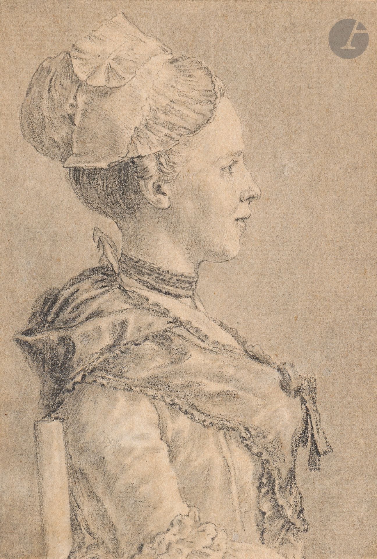 Charles-Nicolas COCHIN fils  (Paris 1715 - 1790)
Portrait de femme de profil, 1771
Crayon noir et estompe.
Localisé, signé et daté sur le montage : « Dessiné a gandelu, par C.N. Cochin. 1771 ».
Au verso du montage ancien, inscription à la mine de plomb : « N 3538 ».
14,5 x 9,9 cm (montage : 18,5 x 13,8 cm)

Provenance :
Probablement vente Me Ader, Hôtel Drouot, Paris, 16 février 1953, n°4.