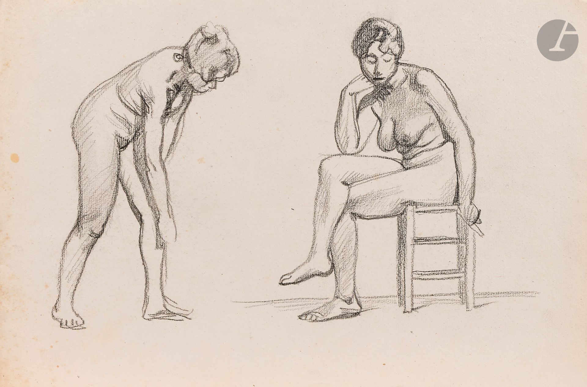 Félix VALLOTTON (1865 - 1925)
Études de femme nue à la chaise
Crayon noir.
Non signé.
(Rousseurs et plis).
23 x 34,5 cm

Provenance:
- Gabrielle Vallotton, née Bernheim, épouse de Félix Vallotton.
- Madeleine Lecomte du Noüy, née Rodrigues-Henriques, fille de Gabrielle Vallotton et belle-fille de Félix Vallotton. Par descendance.
- Isabelle Lecasble, née Lecomte du Noüy, fille de Madeleine Lecomte du Noüy (son cachet au dos). Par descendance.

Nous remercions Madame Katia Poletti, conservatrice de la Fondation Félix Vallotton pour les informations qu’elle nous a transmises.


Les dessins que nous présentons proviennent de la collection d’Isabelle Lecomte du Noüy et ont été hérités de sa grand-mère, Gabrielle Bernheim. Celle-ci avait épousé en secondes noces le peintre Félix Vallotton, figure majeure du groupe des Nabis et proche d’Édouard Vuillard. 

L’ensemble comprend de nombreuses études de nus, ainsi que plusieurs feuilles préparatoires d’œuvres peintes. Parmi celles-ci figurent notamment une étude pour Femme nue de dos blonde (1907), une étude pour Femme assise de dos (1915) conservé au Kunstmuseum de Luzern, ainsi qu’une étude en relation avec le tableau Vue d’Avignon (1920). Ces feuilles révèlent le processus créatif de Vallotton : l’artiste y explore les attitudes des figures, met en place la composition et l’équilibre des formes, tout en inscrivant directement sur le papier des annotations de couleurs destinées à guider l’élaboration de la peinture.

Cet ensemble, demeuré au sein d’une famille étroitement liée au nabisme et à ses représentants, apparaît aujourd’hui comme un témoignage particulièrement précieux. Afin d’en matérialiser la provenance, un cachet de collection aux initiales d’Isabelle Lecomte du Noüy a été apposé au verso de chacun des dessins.