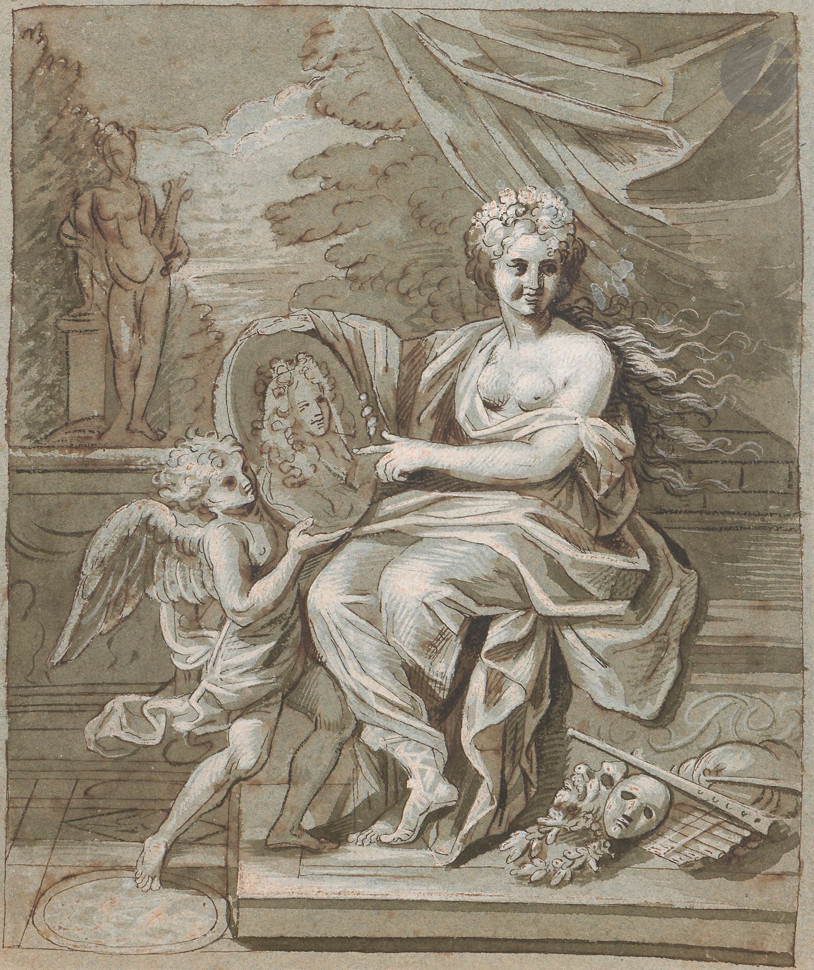 ÉCOLE FRANÇAISE du XVIIe siècle
Portrait allégorique d’un compositeur
Plume, encre brune et rehauts de gouache blanche sur papier bleu/gris.
(Oxydation de l’encre et de la gouache, usures, rousseurs au verso). 
25,5 x 21,3 cm