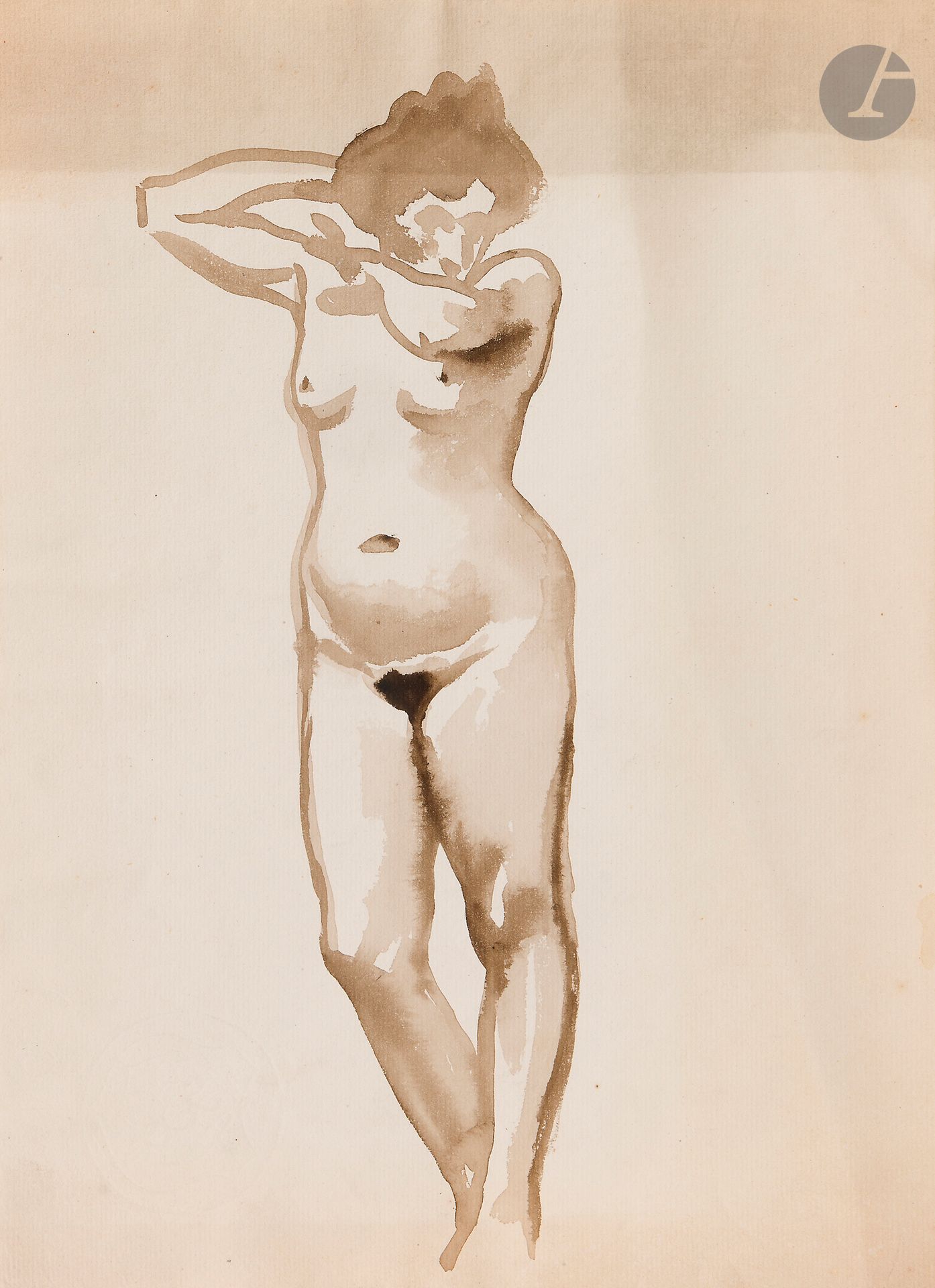 Félix VALLOTTON (1865 - 1925)
Standing nude woman
Brown ink and brown wash on laid paper.
Unsigned.
(Discoloration, small tear on right edge).
31.5 x 24 cm

Provenance
- Gabrielle Vallotton, née Bernheim, wife of Félix Vallotton.
- Madeleine Lecomte du Noüy, née Rodrigues-Henriques, daughter of Gabrielle Vallotton and daughter-in-law of Félix Vallotton. By descent.
- Isabelle Lecasble, née Lecomte du Noüy, daughter of Madeleine Lecomte du Noüy (her stamp on the back). By descent.

We would like to thank Madame Katia Poletti, curator of the Félix Vallotton Foundation, for the information she provided.

The drawings we are presenting come from the collection of Isabelle Lecomte du Noüy and were inherited from her grandmother, Gabrielle Bernheim. Her grandmother, Gabrielle Bernheim, had married the painter Félix Vallotton, a major figure in the Nabis group and a close associate of Édouard Vuillard. 

The set includes numerous nude studies, as well as several preparatory sheets for painted works. These include a study for Femme nue de dos blonde (1907), a study for Femme assise de dos (1915) in the Kunstmuseum Luzern, and a study for the painting Vue d'Avignon (1920). These sheets reveal Vallotton's creative process: the artist explores the attitudes of the figures, sets up the composition and balance of forms, while inscribing color annotations directly on the paper to guide the elaboration of the painting.

This group of works, which remained in a family closely linked to Nabism and its representatives, is today a particularly precious testimony. To identify its provenance, a collection stamp bearing Isabelle Lecomte du Noüy's initials has been affixed to the reverse of each drawing.
