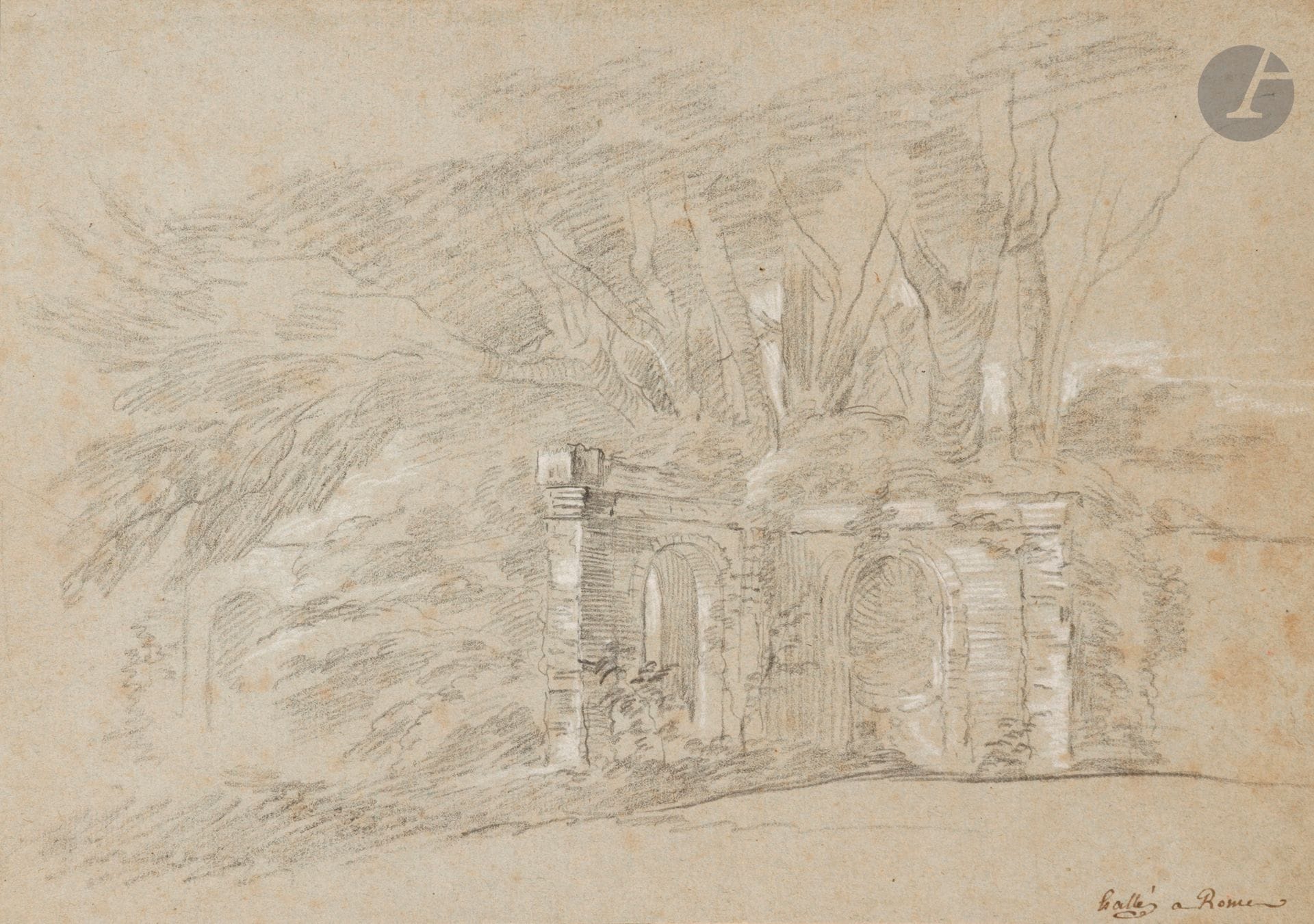 Noël HALLÉ (Paris 1711 - 1781)
Paysage de la campagne romaine
Crayon noir et rehauts de craie blanche sur papier bleu.
Signé et situé en bas à droite : « hallé à Rome ». 
(Rousseurs et taches). 
25,5 x 36,5 cm