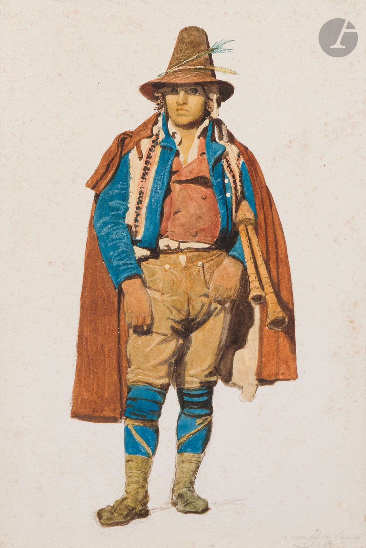 Dominique PAPETY (Marseille 1815 - 1849)
Un Pifferaro
Aquarelle sur traits de crayon noir.
Inscriptions de la main du père de l’artiste en bas à droite, à la mine de plomb : « p. mon fils D. Papety / Th. P ».
(Rousseurs).
31,2 x 21,3 cm

Provenance :
Probablement vente après-décès de l’artiste.