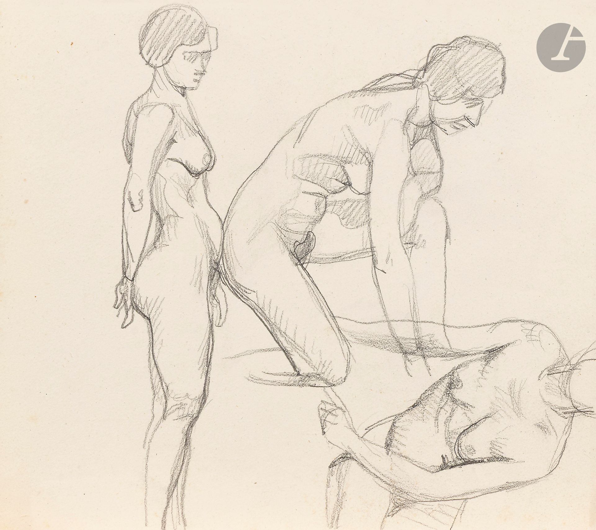 Félix VALLOTTON (1865 - 1925)
Study of a nude woman
Lead pencil.
Unsigned.
(Upper edge irregular).
20.5 x 23 cm

Provenance:
- Gabrielle Vallotton, née Bernheim, wife of Félix Vallotton.
- Madeleine Lecomte du Noüy, née Rodrigues-Henriques, daughter of Gabrielle Vallotton and daughter-in-law of Félix Vallotton. By descent.
- Isabelle Lecasble, née Lecomte du Noüy, daughter of Madeleine Lecomte du Noüy (her stamp on the back). By descent.

We would like to thank Madame Katia Poletti, curator of the Félix Vallotton Foundation, for the information she provided.


The drawings we are presenting come from the collection of Isabelle Lecomte du Noüy and were inherited from her grandmother, Gabrielle Bernheim. Her grandmother, Gabrielle Bernheim, had married the painter Félix Vallotton, a major figure in the Nabis group and a close associate of Édouard Vuillard. 

The set includes numerous nude studies, as well as several preparatory sheets for painted works. These include a study for Femme nue de dos blonde (1907), a study for Femme assise de dos (1915) in the Kunstmuseum Luzern, and a study for the painting Vue d'Avignon (1920). These sheets reveal Vallotton's creative process: the artist explores the attitudes of the figures, sets up the composition and balance of forms, while inscribing color annotations directly on the paper to guide the elaboration of the painting.

This group of works, which remained in a family closely linked to Nabism and its representatives, is today a particularly precious testimony. To identify its provenance, a collection stamp bearing Isabelle Lecomte du Noüy's initials has been affixed to the reverse of each drawing.