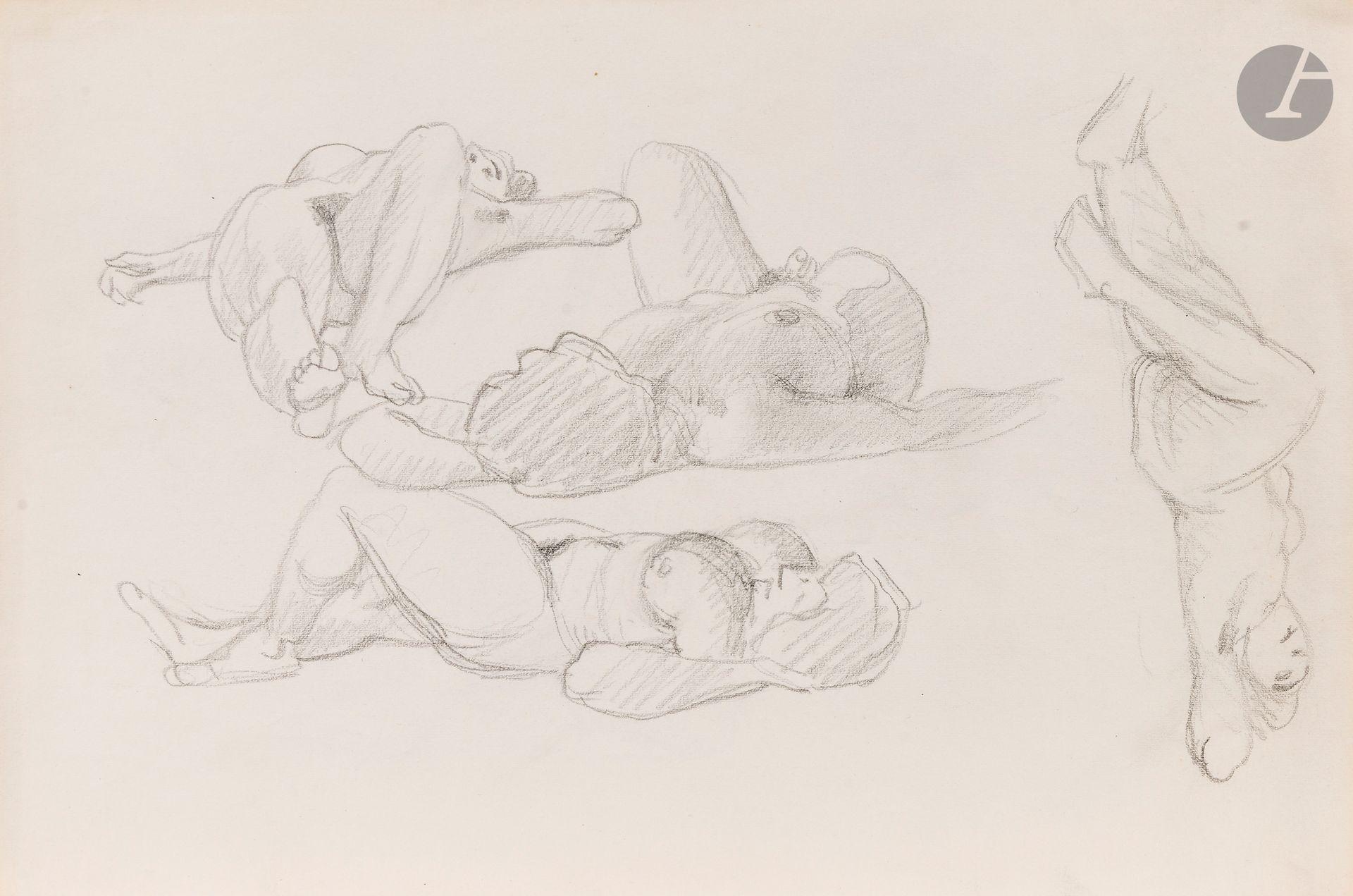 Félix VALLOTTON (1865 - 1925)
Studies of reclining nude women
Graphite and stump.
Unsigned.
22.5 x 32.5 cm

Provenance
- Gabrielle Vallotton, née Bernheim, wife of Félix Vallotton.
- Madeleine Lecomte du Noüy, née Rodrigues-Henriques, daughter of Gabrielle Vallotton and daughter-in-law of Félix Vallotton. By descent.
- Isabelle Lecasble, née Lecomte du Noüy, daughter of Madeleine Lecomte du Noüy (her stamp on the back). By descent.

We would like to thank Madame Katia Poletti, curator of the Félix Vallotton Foundation, for the information she provided.


The drawings we are presenting come from the collection of Isabelle Lecomte du Noüy and were inherited from her grandmother, Gabrielle Bernheim. Her grandmother, Gabrielle Bernheim, had married the painter Félix Vallotton, a major figure in the Nabis group and a close associate of Édouard Vuillard. 

The set includes numerous nude studies, as well as several preparatory sheets for painted works. These include a study for Femme nue de dos blonde (1907), a study for Femme assise de dos (1915) in the Kunstmuseum Luzern, and a study for the painting Vue d'Avignon (1920). These sheets reveal Vallotton's creative process: the artist explores the attitudes of the figures, sets up the composition and balance of forms, while inscribing color annotations directly on the paper to guide the elaboration of the painting.

This group of works, which remained in a family closely linked to Nabism and its representatives, is today a particularly precious testimony. To identify its provenance, a collection stamp bearing Isabelle Lecomte du Noüy's initials has been affixed to the reverse of each drawing.