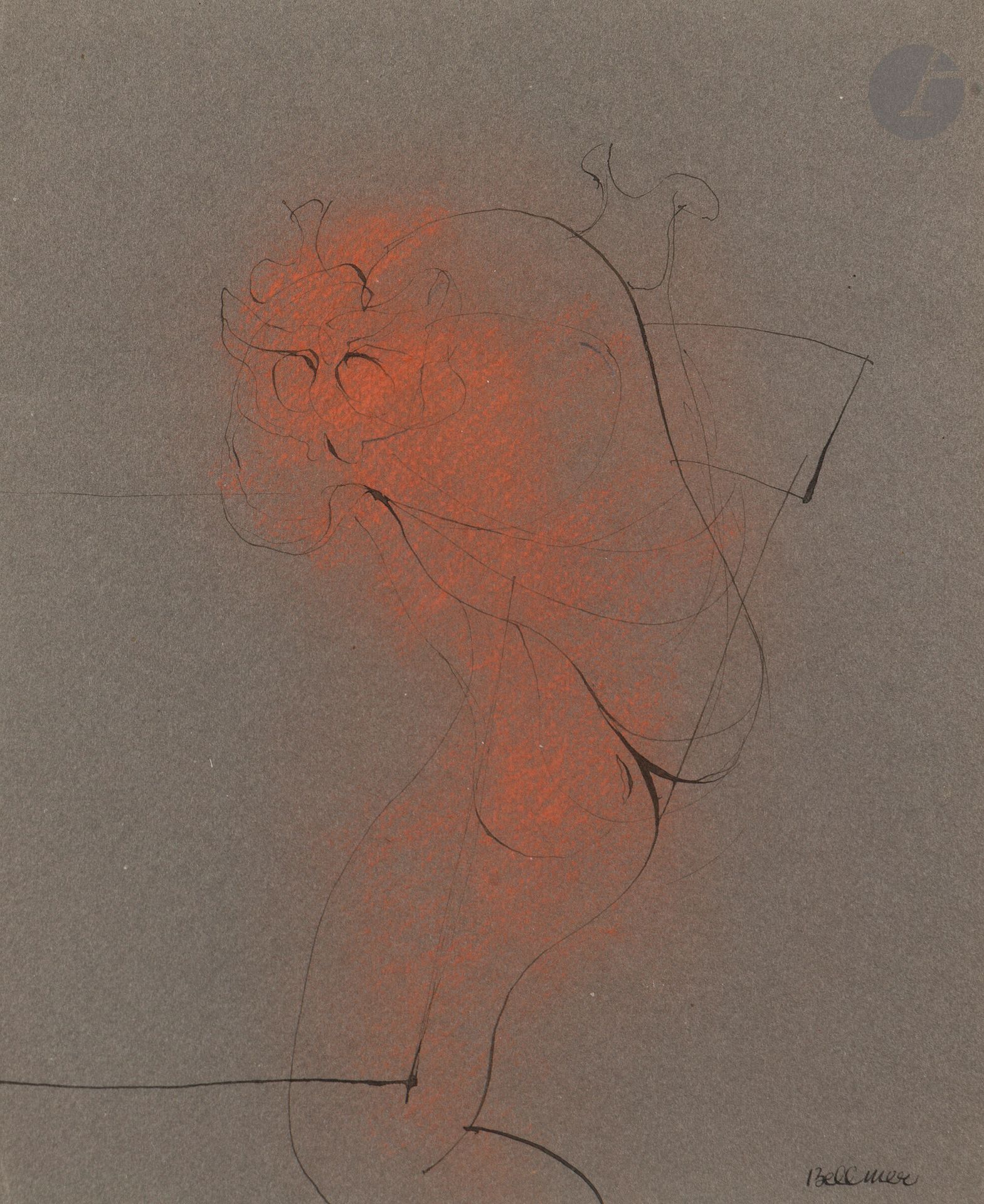 Hans BELLMER (1902 - 1975)
The Red Monster, 1952
Ink and red gouache highlights on blue paper.
Signed lower right.
21 x 17 cm

Provenance : 
Bihl-Bellmer Collection, artist's family.

Exhibition: 
Hans Bellmer: anatomie du désir, Centre Pompidou, Galerie d'art graphique - Galerie du musée, Paris, March 1 - May 22, 2006; Staatliche Graphische Sammlung, Munich, June 21 - August 20, 2006; Whitechapel Art Gallery, London, September 18 - November 19, 2006, catalog no. 162, reproduced p. 180.

Bibliography :
André Pieyre de Mandiargues, Le Trésor cruel de Hans Bellmer, Paris: le Sphinx, 1979, reproduced p. 126.