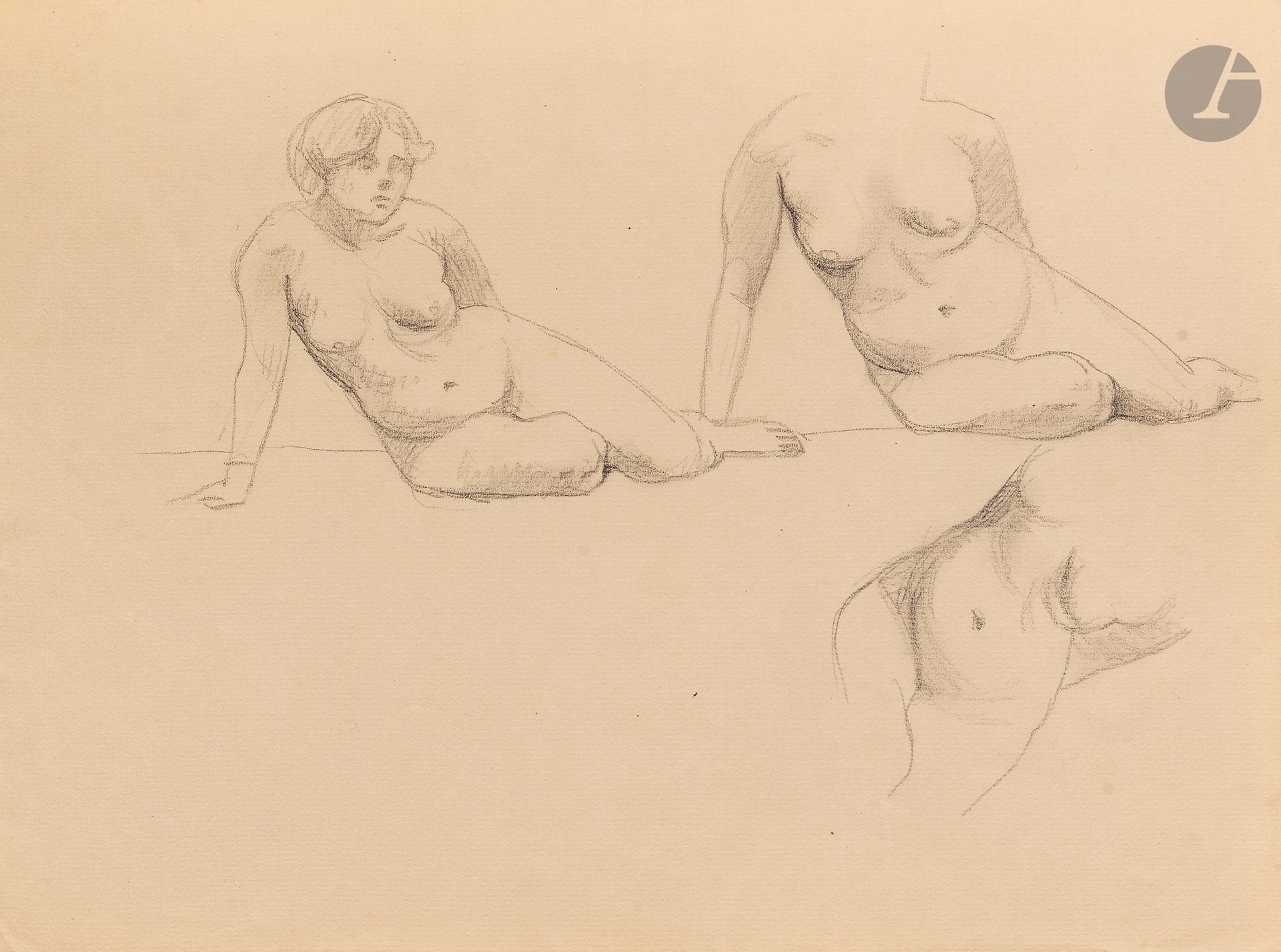 Félix VALLOTTON (1865 - 1925)
Études de Femmes nues
Crayon noir et estompe.
Non signée.
(Décoloration dans l’angle inférieur droit).
21 x 32 cm

Provenance:
- Gabrielle Vallotton, née Bernheim, épouse de Félix Vallotton.
- Madeleine Lecomte du Noüy, née Rodrigues-Henriques, fille de Gabrielle Vallotton et belle-fille de Félix Vallotton. Par descendance.
- Isabelle Lecasble, née Lecomte du Noüy, fille de Madeleine Lecomte du Noüy (son cachet au dos). Par descendance.

Nous remercions Madame Katia Poletti, conservatrice de la Fondation Félix Vallotton pour les informations qu’elle nous a transmises.


Les dessins que nous présentons proviennent de la collection d’Isabelle Lecomte du Noüy et ont été hérités de sa grand-mère, Gabrielle Bernheim. Celle-ci avait épousé en secondes noces le peintre Félix Vallotton, figure majeure du groupe des Nabis et proche d’Édouard Vuillard. 

L’ensemble comprend de nombreuses études de nus, ainsi que plusieurs feuilles préparatoires d’œuvres peintes. Parmi celles-ci figurent notamment une étude pour Femme nue de dos blonde (1907), une étude pour Femme assise de dos (1915) conservé au Kunstmuseum de Luzern, ainsi qu’une étude en relation avec le tableau Vue d’Avignon (1920). Ces feuilles révèlent le processus créatif de Vallotton : l’artiste y explore les attitudes des figures, met en place la composition et l’équilibre des formes, tout en inscrivant directement sur le papier des annotations de couleurs destinées à guider l’élaboration de la peinture.

Cet ensemble, demeuré au sein d’une famille étroitement liée au nabisme et à ses représentants, apparaît aujourd’hui comme un témoignage particulièrement précieux. Afin d’en matérialiser la provenance, un cachet de collection aux initiales d’Isabelle Lecomte du Noüy a été apposé au verso de chacun des dessins.