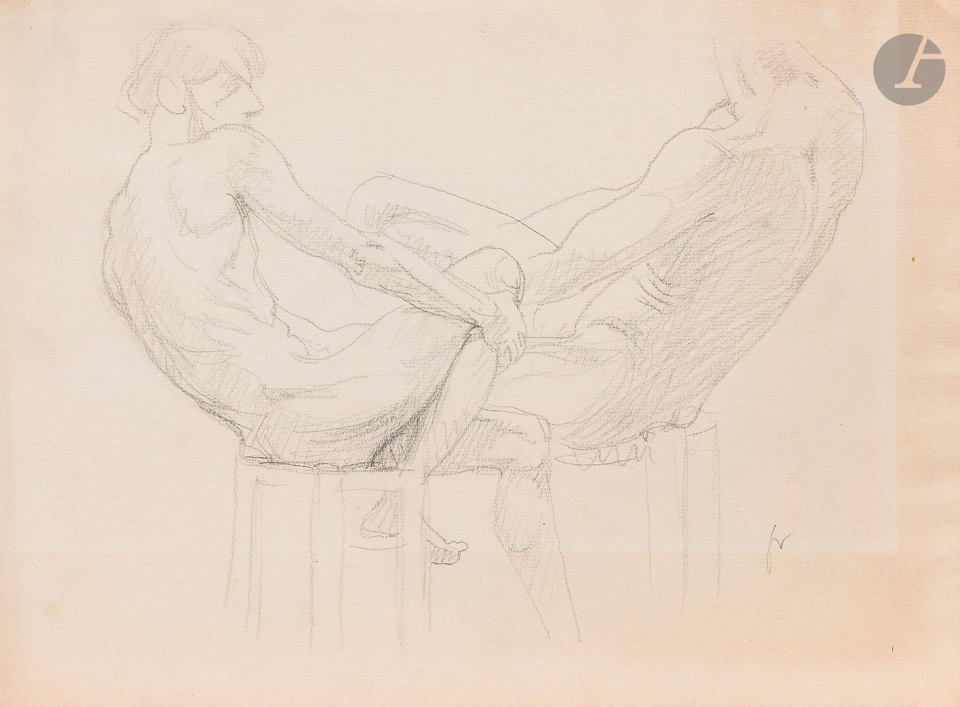 Félix VALLOTTON (1865 - 1925)
Études d’hommes nus assis
Crayon noir et estompe.
Monogrammé en bas à droite.
(Décolorations le long des bords et légères rousseurs).
23,5 x 31,5 cm

Provenance:
- Gabrielle Vallotton, née Bernheim, épouse de Félix Vallotton.
- Madeleine Lecomte du Noüy, née Rodrigues-Henriques, fille de Gabrielle Vallotton et belle-fille de Félix Vallotton. Par descendance.
- Isabelle Lecasble, née Lecomte du Noüy, fille de Madeleine Lecomte du Noüy (son cachet au dos). Par descendance.

Nous remercions Madame Katia Poletti, conservatrice de la Fondation Félix Vallotton pour les informations qu’elle nous a transmises.


Les dessins que nous présentons proviennent de la collection d’Isabelle Lecomte du Noüy et ont été hérités de sa grand-mère, Gabrielle Bernheim. Celle-ci avait épousé en secondes noces le peintre Félix Vallotton, figure majeure du groupe des Nabis et proche d’Édouard Vuillard. 

L’ensemble comprend de nombreuses études de nus, ainsi que plusieurs feuilles préparatoires d’œuvres peintes. Parmi celles-ci figurent notamment une étude pour Femme nue de dos blonde (1907), une étude pour Femme assise de dos (1915) conservé au Kunstmuseum de Luzern, ainsi qu’une étude en relation avec le tableau Vue d’Avignon (1920). Ces feuilles révèlent le processus créatif de Vallotton : l’artiste y explore les attitudes des figures, met en place la composition et l’équilibre des formes, tout en inscrivant directement sur le papier des annotations de couleurs destinées à guider l’élaboration de la peinture.

Cet ensemble, demeuré au sein d’une famille étroitement liée au nabisme et à ses représentants, apparaît aujourd’hui comme un témoignage particulièrement précieux. Afin d’en matérialiser la provenance, un cachet de collection aux initiales d’Isabelle Lecomte du Noüy a été apposé au verso de chacun des dessins.