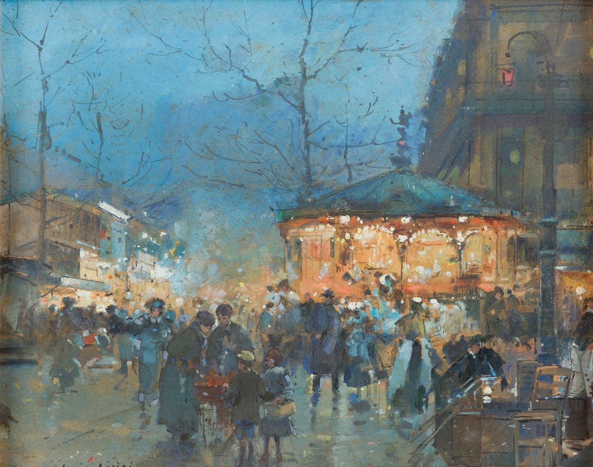Luigi LOIR (1845 - 1916)
Le Manège, la nuit
Gouache.
Signée en bas à gauche.
20 x 25,5 cm