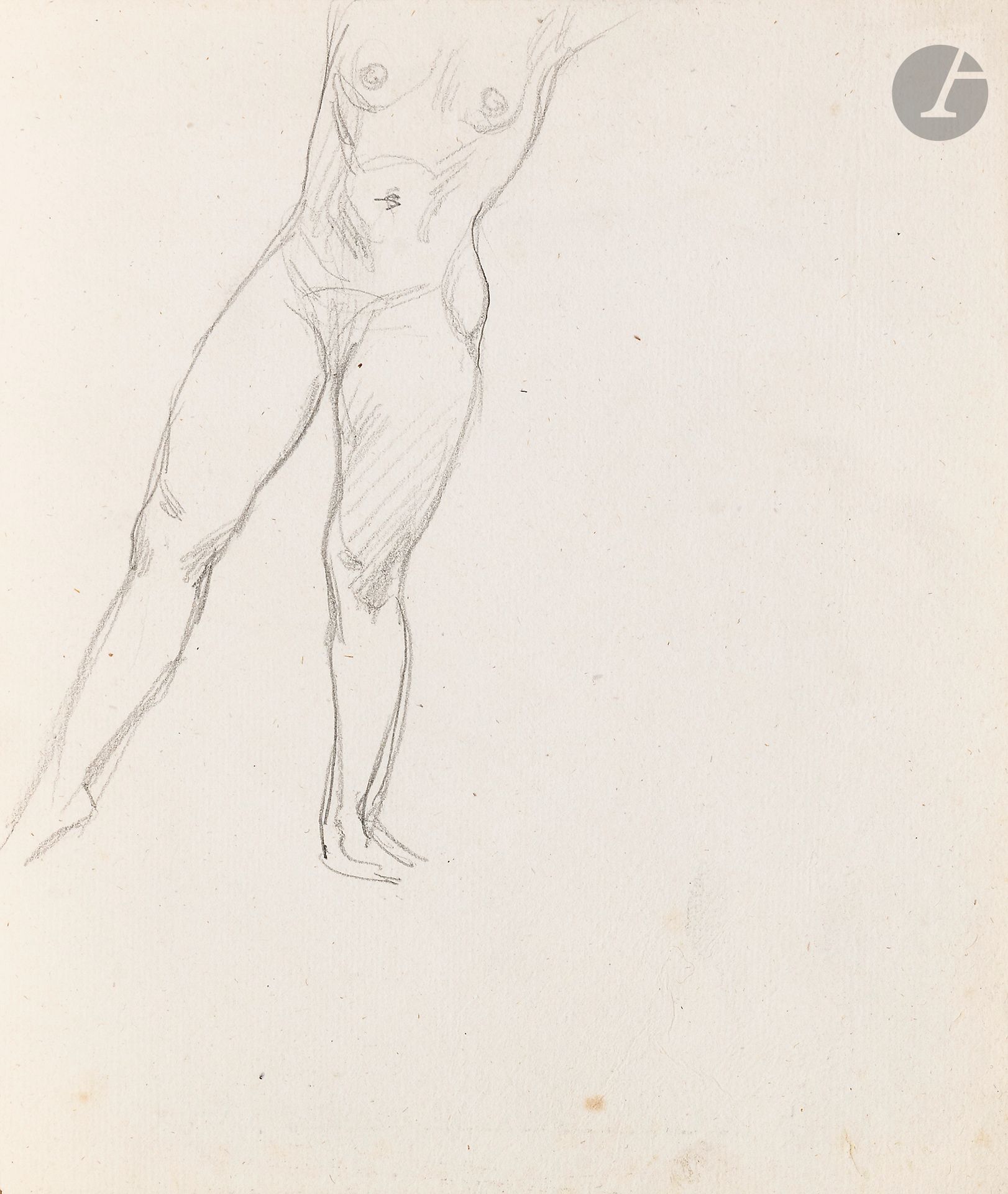 Félix VALLOTTON (1865 - 1925)
Study of a nude woman
Lead pencil.
Unsigned.
(Minor foxing).
23 x 19.5 cm

Provenance:
- Gabrielle Vallotton, née Bernheim, wife of Félix Vallotton.
- Madeleine Lecomte du Noüy, née Rodrigues-Henriques, daughter of Gabrielle Vallotton and daughter-in-law of Félix Vallotton. By descent.
- Isabelle Lecasble, née Lecomte du Noüy, daughter of Madeleine Lecomte du Noüy (her stamp on the back). By descent.

We would like to thank Madame Katia Poletti, curator of the Félix Vallotton Foundation, for the information she provided.

The drawings we are presenting come from the collection of Isabelle Lecomte du Noüy and were inherited from her grandmother, Gabrielle Bernheim. Her grandmother, Gabrielle Bernheim, had married the painter Félix Vallotton, a major figure in the Nabis group and a close associate of Édouard Vuillard. 

The set includes numerous nude studies, as well as several preparatory sheets for painted works. These include a study for Femme nue de dos blonde (1907), a study for Femme assise de dos (1915) in the Kunstmuseum Luzern, and a study for the painting Vue d'Avignon (1920). These sheets reveal Vallotton's creative process: the artist explores the attitudes of the figures, sets up the composition and balance of forms, while inscribing color annotations directly on the paper to guide the elaboration of the painting.

This collection, which remained in a family closely associated with Nabism and its representatives, is today a particularly precious testimony. To identify its provenance, a collection stamp bearing Isabelle Lecomte du Noüy's initials has been affixed to the reverse of each drawing.