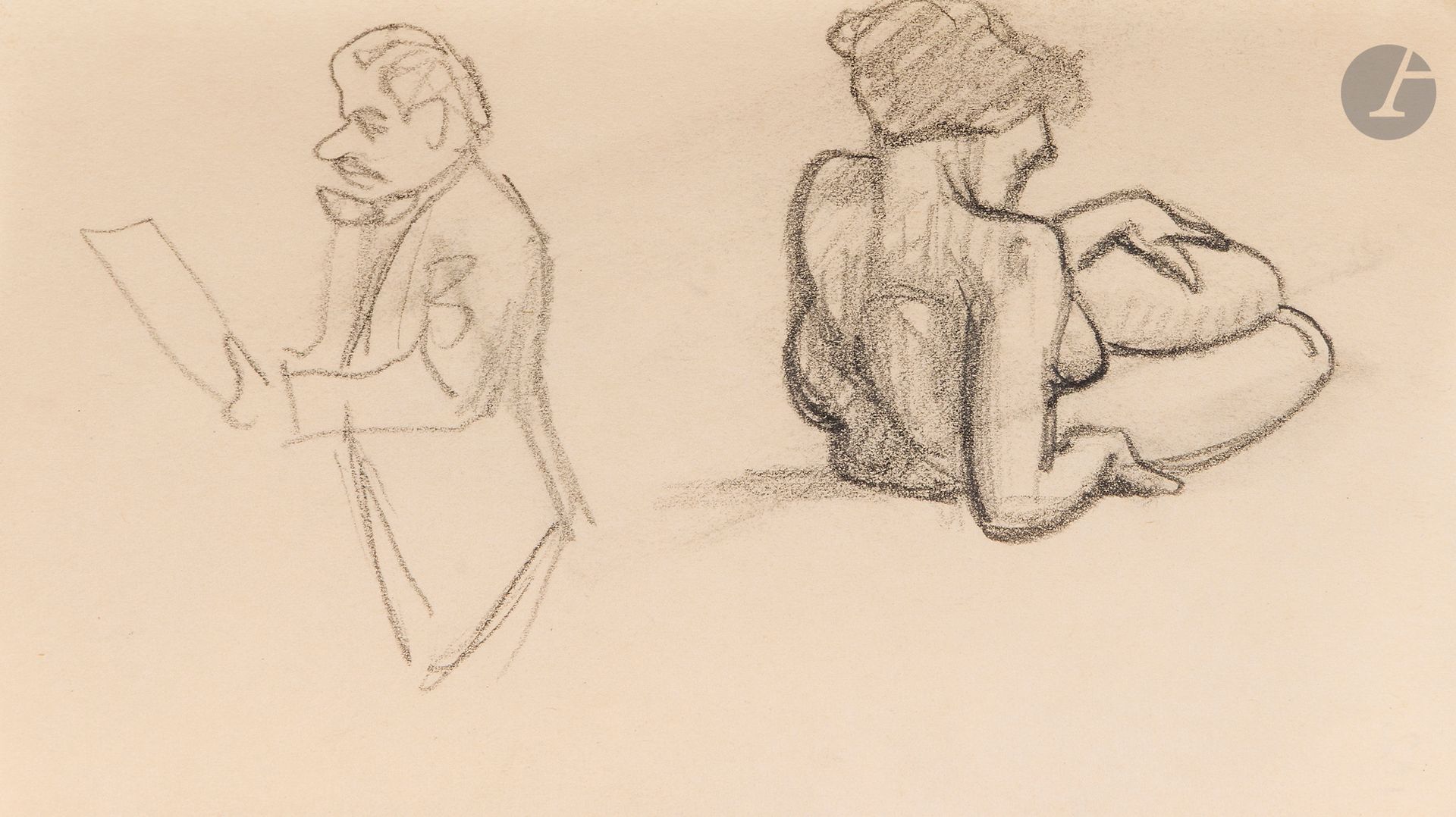 Félix VALLOTTON (1865 - 1925)
Study of a Nude Woman and a Man with a Newspaper
Black pencil on notebook page.
Unsigned.
9 x 16 cm

Provenance
- Gabrielle Vallotton, née Bernheim, wife of Félix Vallotton.
- Madeleine Lecomte du Noüy, née Rodrigues-Henriques, daughter of Gabrielle Vallotton and daughter-in-law of Félix Vallotton. By descent.
- Isabelle Lecasble, née Lecomte du Noüy, daughter of Madeleine Lecomte du Noüy (her stamp on the back). By descent.

We would like to thank Madame Katia Poletti, curator of the Félix Vallotton Foundation, for the information she provided.


The drawings we are presenting come from the collection of Isabelle Lecomte du Noüy and were inherited from her grandmother, Gabrielle Bernheim. Her grandmother, Gabrielle Bernheim, had married the painter Félix Vallotton, a major figure in the Nabis group and a close associate of Édouard Vuillard. 

The set includes numerous nude studies, as well as several preparatory sheets for painted works. These include a study for Femme nue de dos blonde (1907), a study for Femme assise de dos (1915) in the Kunstmuseum Luzern, and a study for the painting Vue d'Avignon (1920). These sheets reveal Vallotton's creative process: the artist explores the attitudes of the figures, sets up the composition and balance of forms, while inscribing color annotations directly on the paper to guide the elaboration of the painting.

This group of works, which remained in a family closely linked to Nabism and its representatives, is today a particularly precious testimony. To identify its provenance, a collection stamp bearing Isabelle Lecomte du Noüy's initials has been affixed to the reverse of each drawing.