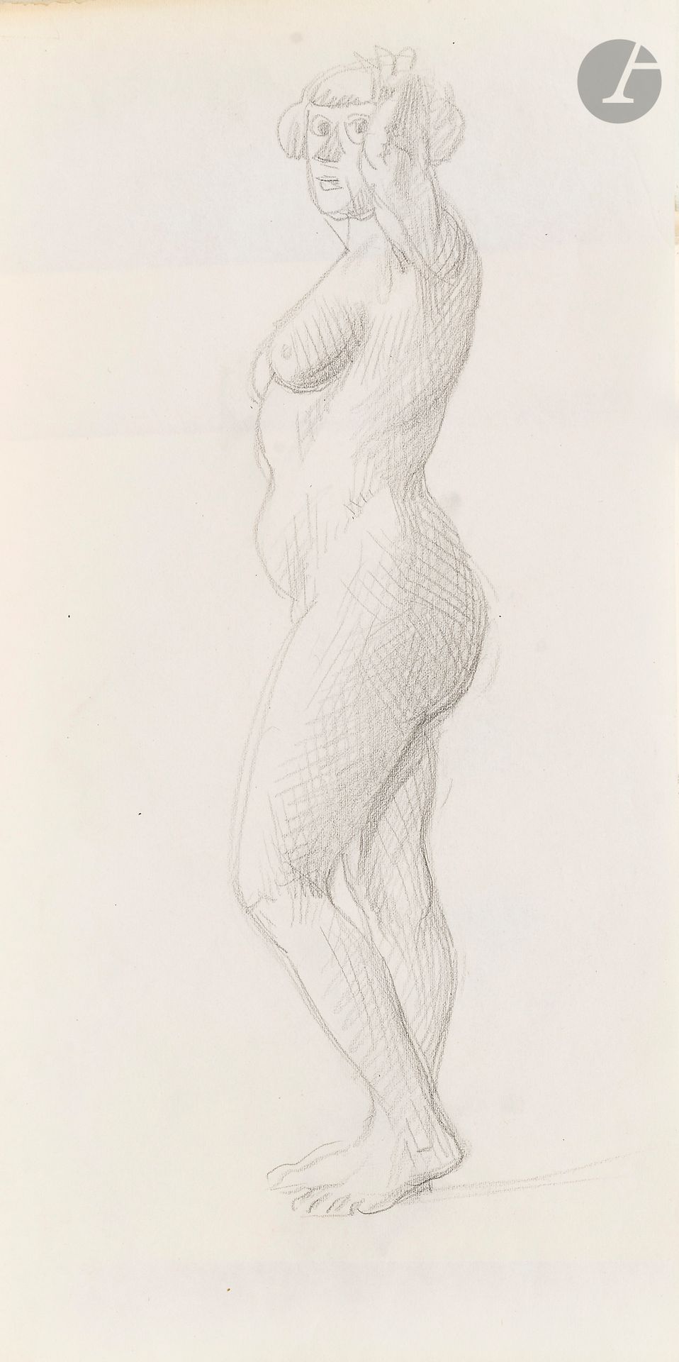 Félix VALLOTTON (1865 - 1925)
Standing nude woman
Graphite and stump.
Unsigned.
32.5 x 17 cm

Provenance
- Gabrielle Vallotton, née Bernheim, wife of Félix Vallotton.
- Madeleine Lecomte du Noüy, née Rodrigues-Henriques, daughter of Gabrielle Vallotton and daughter-in-law of Félix Vallotton. By descent.
- Isabelle Lecasble, née Lecomte du Noüy, daughter of Madeleine Lecomte du Noüy (her stamp on the back). By descent.

We would like to thank Madame Katia Poletti, curator of the Félix Vallotton Foundation, for the information she provided.

The drawings we are presenting come from the collection of Isabelle Lecomte du Noüy and were inherited from her grandmother, Gabrielle Bernheim. Her grandmother, Gabrielle Bernheim, had married the painter Félix Vallotton, a major figure in the Nabis group and a close associate of Édouard Vuillard. 

The set includes numerous nude studies, as well as several preparatory sheets for painted works. These include a study for Femme nue de dos blonde (1907), a study for Femme assise de dos (1915) in the Kunstmuseum Luzern, and a study for the painting Vue d'Avignon (1920). These sheets reveal Vallotton's creative process: the artist explores the attitudes of the figures, sets up the composition and balance of forms, while inscribing color annotations directly on the paper to guide the elaboration of the painting.

This collection, which remained in a family closely linked to Nabism and its representatives, is today a particularly precious testimony. To identify its provenance, a collection stamp bearing Isabelle Lecomte du Noüy's initials has been affixed to the reverse of each drawing.