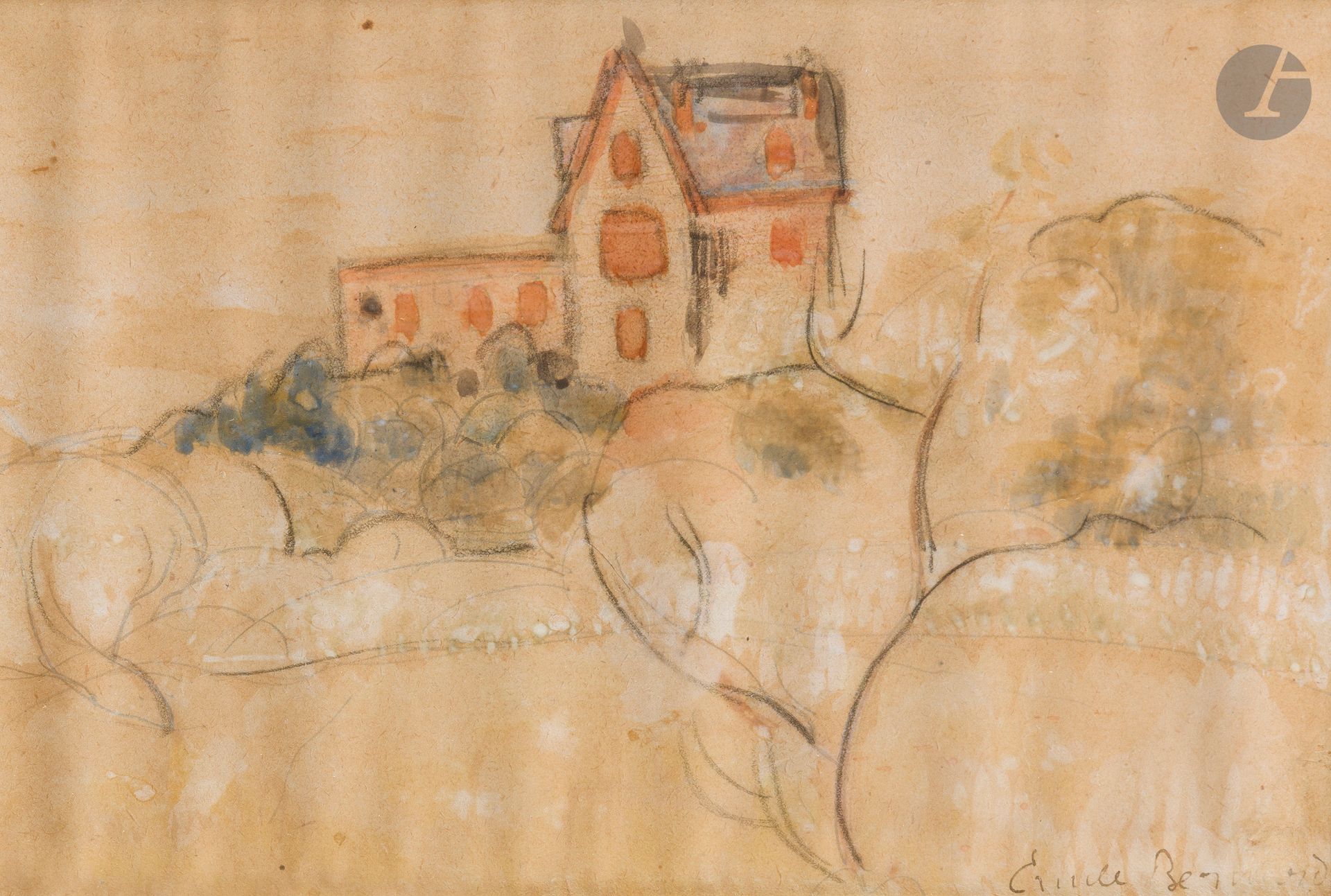 Émile BERNARD (1868 - 1941)
Maison à Pont-Aven, vers 1890
Fusain, aquarelle et rehauts de gouache.
Signé en bas à droite. 
(Plis et rousseurs, collé le long des bords, décoloration du papier).
15 x 22 cm