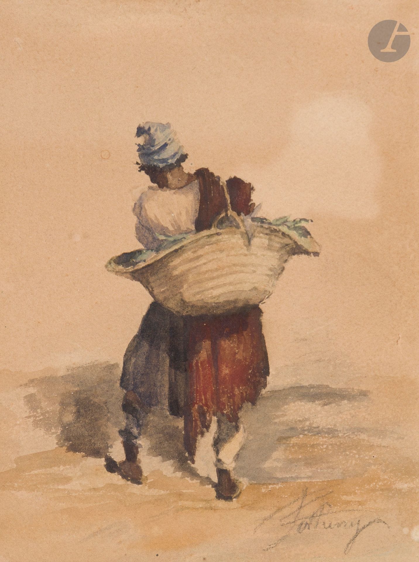 Mariano FORTUNY y MARSALL (Reus 1838 - Rome 1874)
Man with back carrying a basket
Watercolor over black pencil lines.
Signed lower right in black pencil.
(Slightly faded, small lack on the right edge).
16 x 10.8 cm