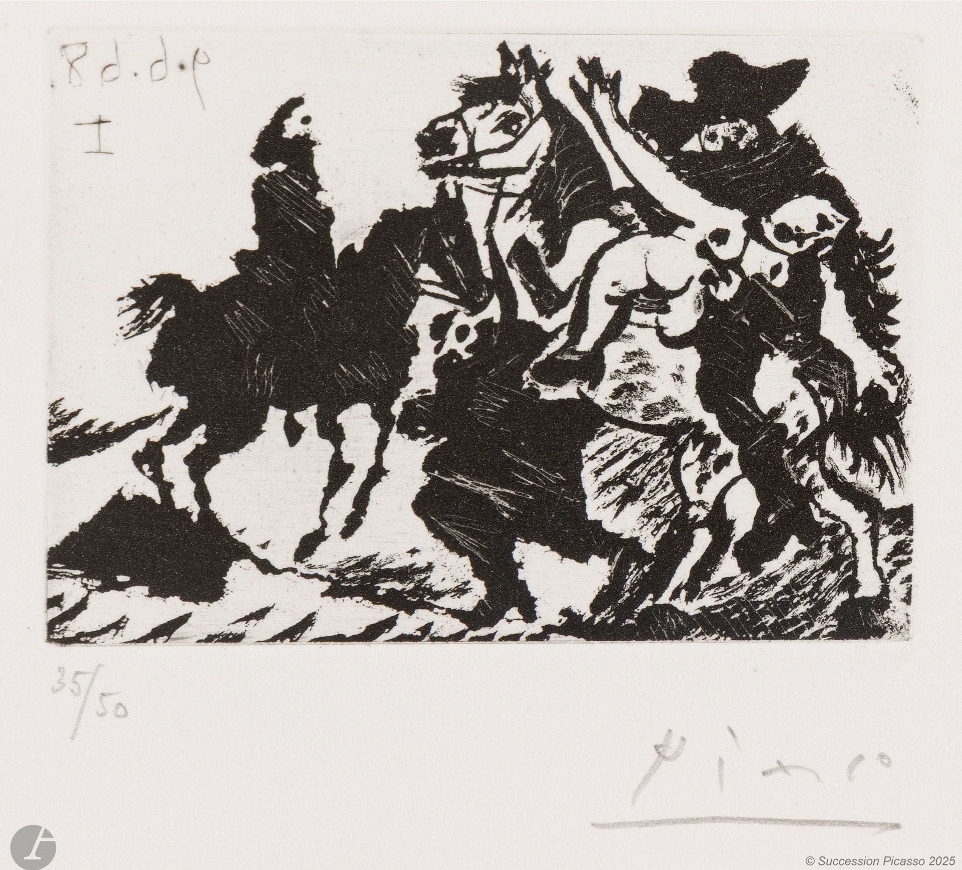 Pablo Picasso (1881-1973) 
Reître abducting a woman for a horseman. (Les 347, pl. 146). June 9, 1968. Aquatint in sugar. 84x59mm. Bloch 1626; Baer 1642. Perfect proof on white vellum, numbered and signed in pencil. Full margins. Edition of 50 proofs. Galerie Louise Leiris ed. 1969.