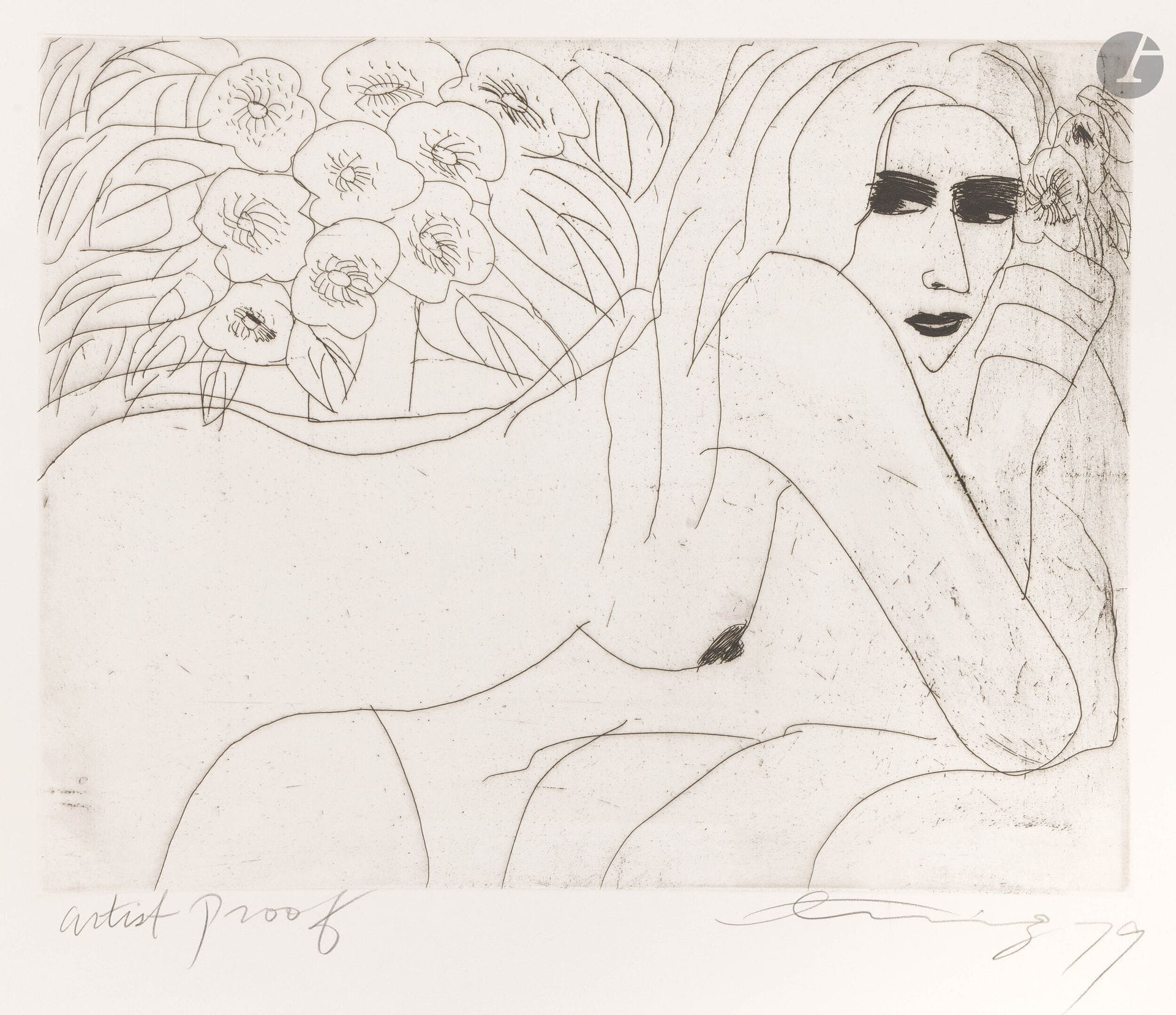 Walasse Ting (Chinese-American, 1929-2010)
Nude Woman Leaning. 1979. Etching. 640x495mm. Perfect proof on strong white vellum, annotated "artist proof", signed and dated in pencil. Tiny fold broken in the lower left corner of the sheet. Full margins.