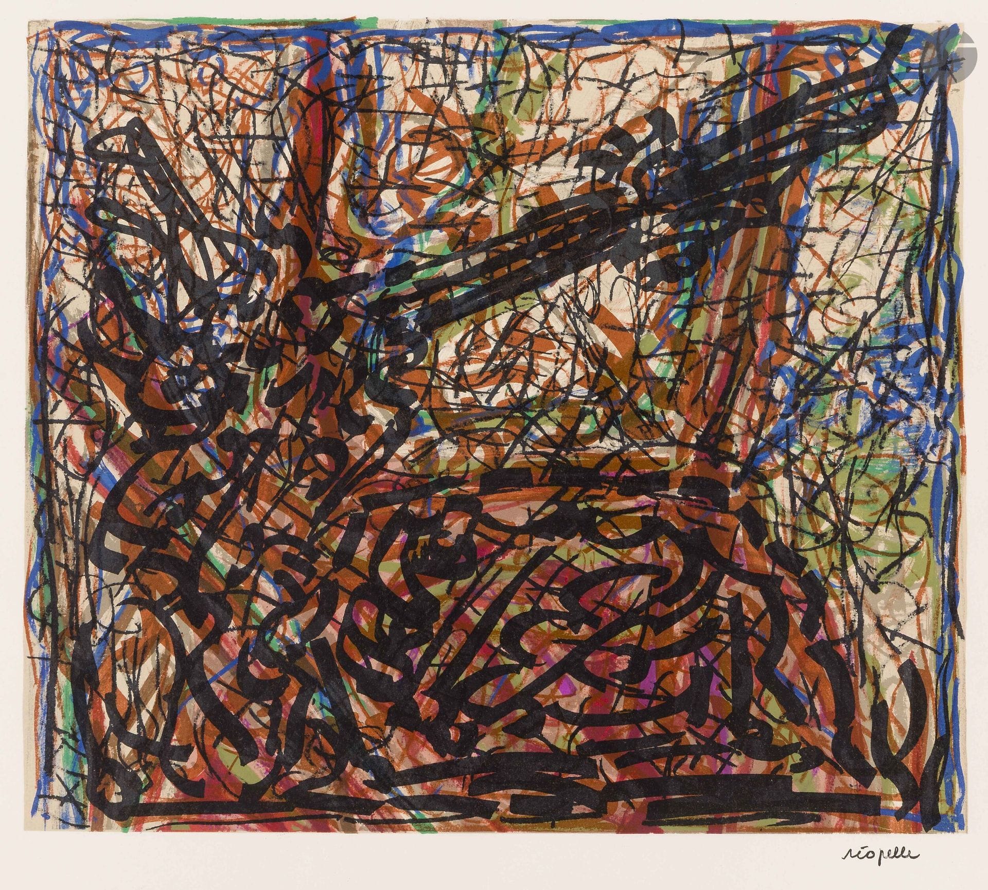 Jean-Paul Riopelle (canadien, 1923-2002)
Animal couché. 1972. Lithographie. 495x433mm. Riopellenon décrit. Impression en couleurs. Réunion de 2 très belles épreuves sur vélin crème, la signature imprimée. Toutes marges. Tirage à 75 épreuves. Maeght éd.