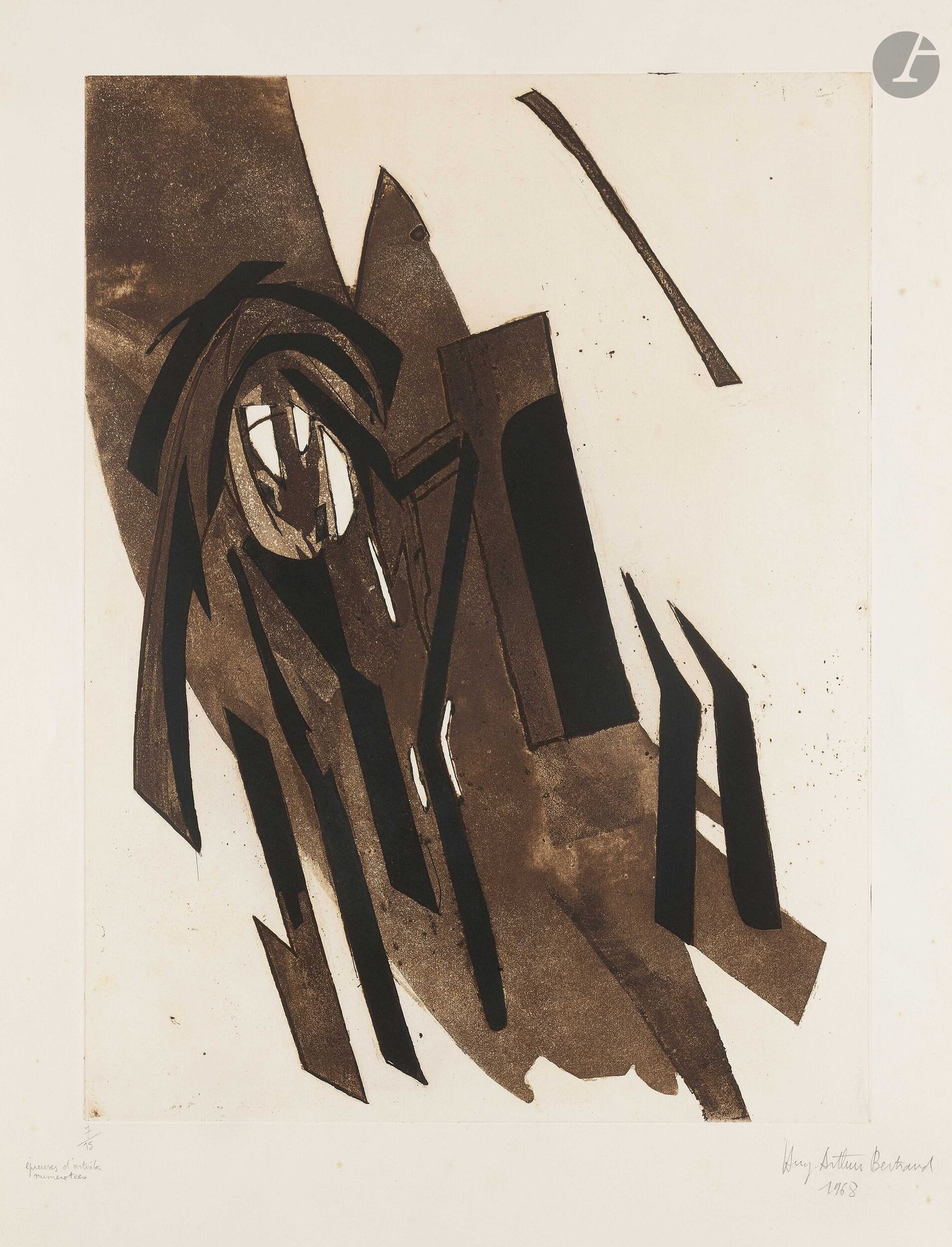 Huguette Arthur Bertrand (1920-2005)
Pl. pour l’album La Peau des choses (poème de Michel Ragon, Paris, éd. Arnaud). 1968. Eau-forte et pointe sèche. La feuille: 515x655mm. Impression en couleurs. Très belle épreuve sur vélin, numérotée, signée et datée au crayon puis annotée. Petites rousseurs éparses. Toutes marges. Tirage à 15 épreuves.
