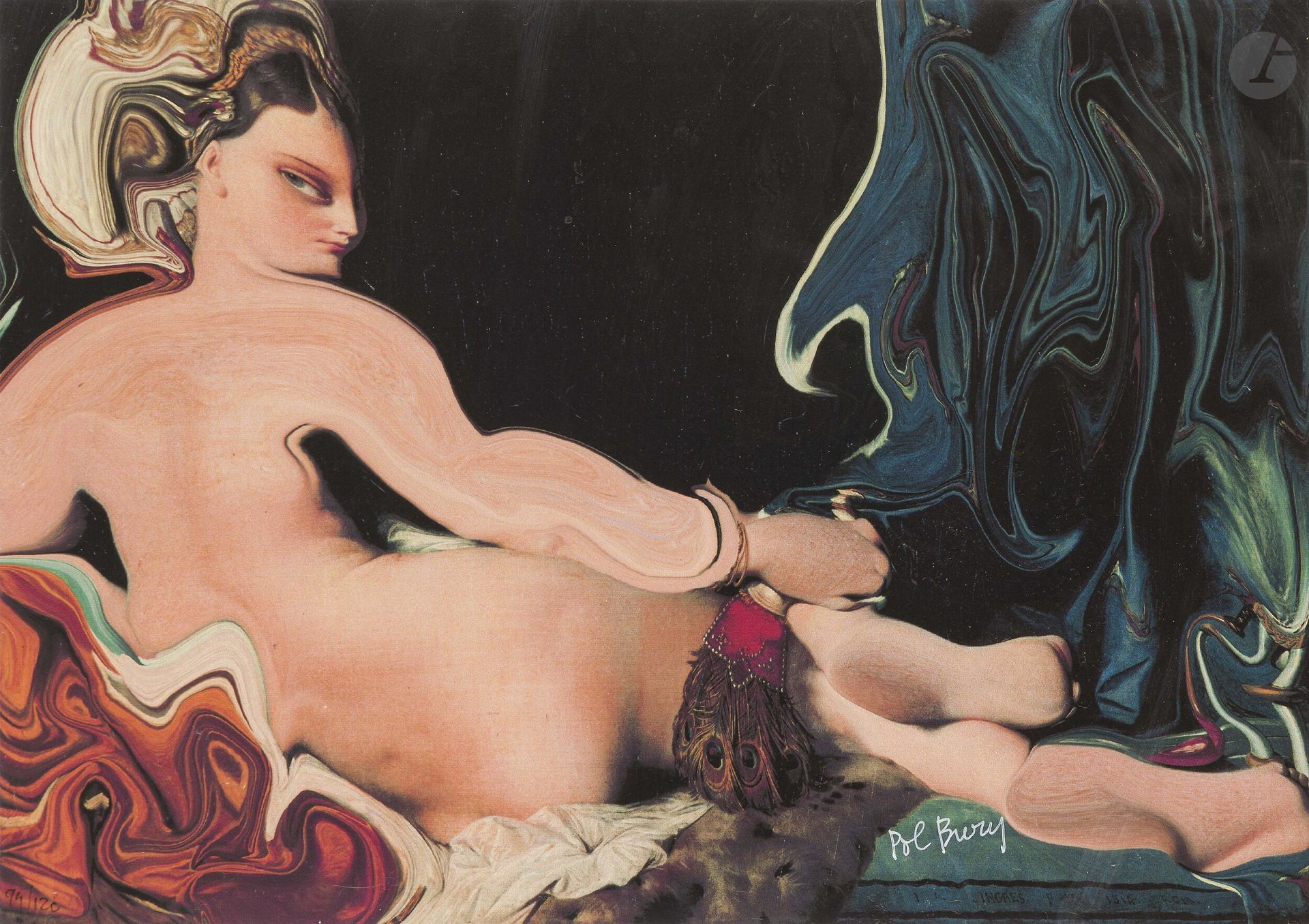 Pol Bury (1922-2005)
Naked. (Pl. pour une série de nus d’artistes contemporains). 2005. Impression numérique en couleurs (d’après Ingres). 380x270mm. Belle épreuve sur vélin, numérotée et signée aux feutres noir et blanc. Éd. Jannink. Sous plexiglas.