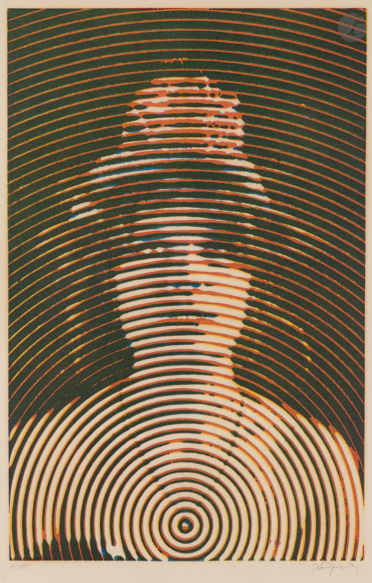 Alain Jacquet (1939-2008)
Laure. 1970. Aquatint. Sight: 395x565mm. Printed in colors. A very fine proof on white vellum, numbered and signed in pencil, slightly soiled. Margins. Edition of 85 proofs. G. Visat ed. frame (not examined out of frame).