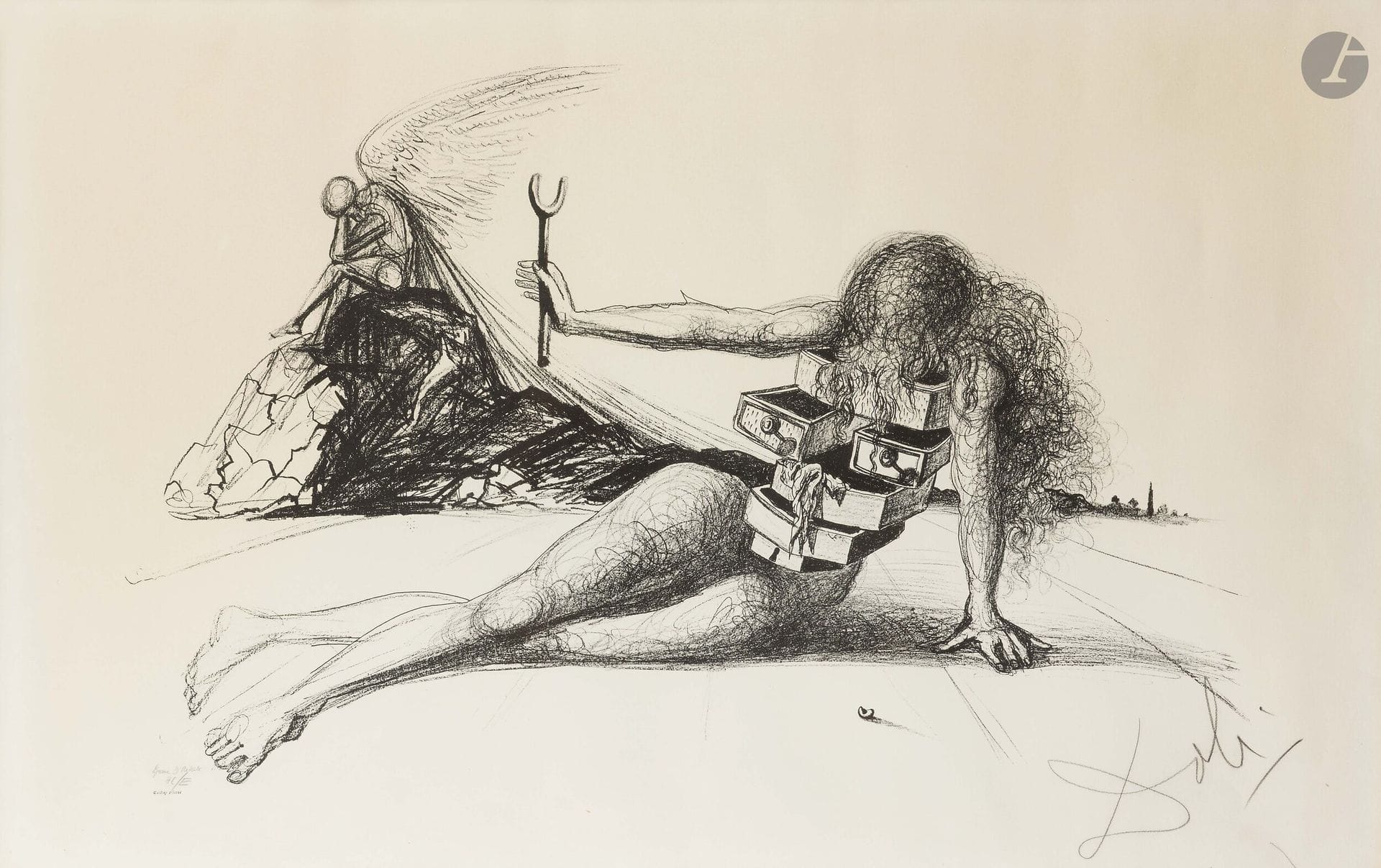 Salvador Dalí (1904-1989)
Cité des tiroirs (Drawers of Memory). 1965. Lithographie. À vue: 955x610mm. Michler et Löpsinger 1145. Belle épreuve sur vélin blanc, annotée «épreuve d’artisteHC/E», revêtue du copyright de Sidney Z. Lucas, et signée au crayon, légèrement insolée. Plusieurs fins plis cassés aux bords. Toutes marges. Tirage définitif à 150 épreuves. Sidney Z. Lucas éd. Cadre (non examinée hors du cadre).