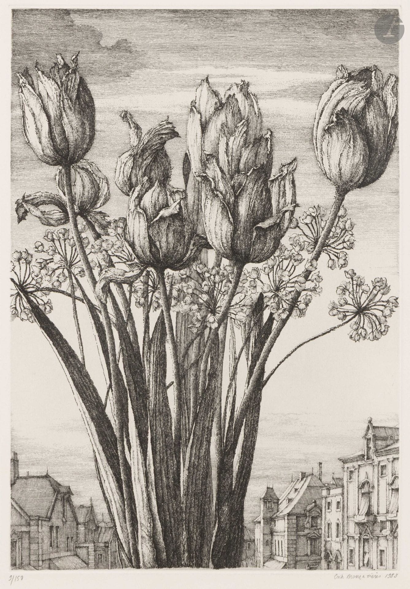 Érik Desmazières (born 1948) 
Tulips. 1983. Etching. 205x285mm. Fitch 74. Perfect proof on white vellum, numbered, signed and dated in pencil. Full margins. Edition of 150 proofs. Dry stamp: Société des Peintres-Graveurs Français (Lugt 1195a).