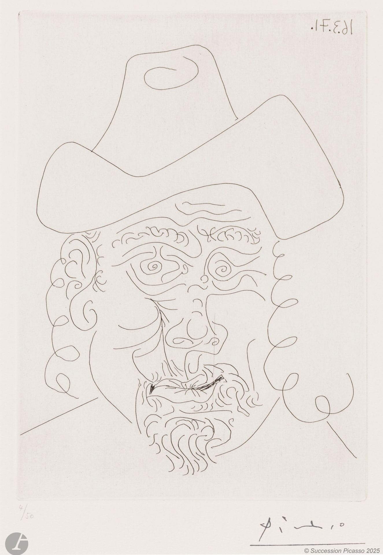 Pablo Picasso (1881-1973) 
Tête rembranesque (Rembrandt au chapeau mou). (Les 156, pl. 86). 16 mars 1971. Eau-forte. 149x207mm. Bloch 1941; Baer 1950. Parfaite épreuve sur vélin blanc, numérotée au crayon et revêtue du timbre de la signature (Lugt 2026e). Toutes marges. Tirage à 50 épreuves. Galerie Louise Leiris éd. (1978).