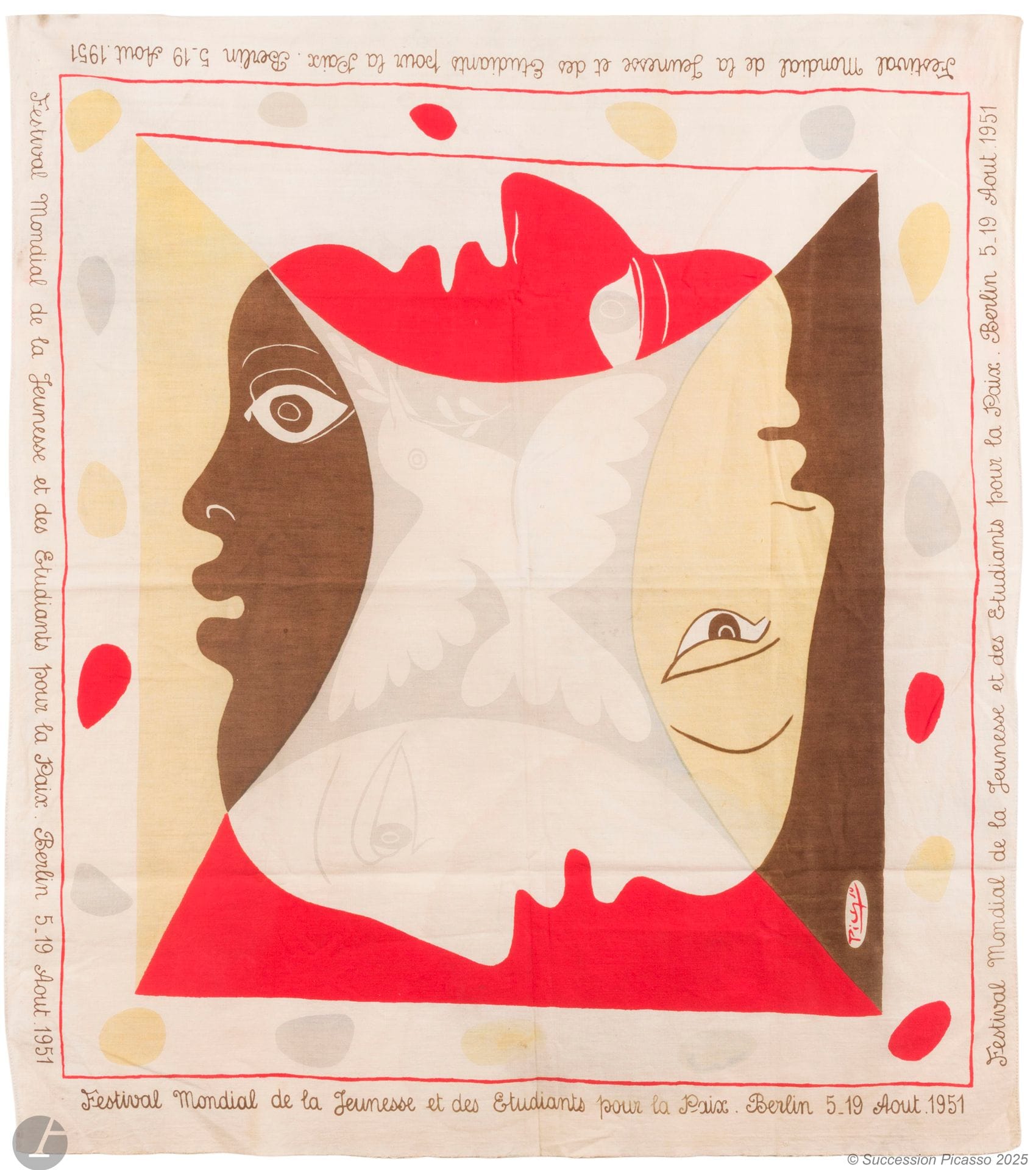 Pablo Picasso (1881-1973) (after)
Scarf "World Festival of Youth and Students for Peace. Berlin August 5-19, 1951". Silkscreen on cotton. 695x695mm. Washed, with traces of discoloration and foxing.