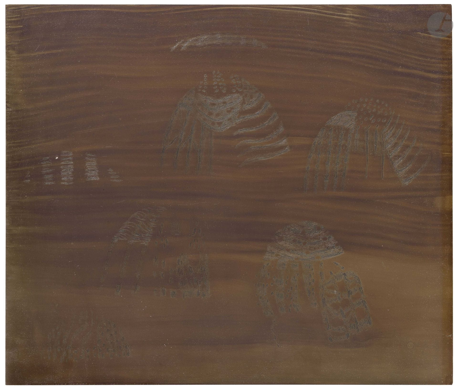 Zoran Mušič (1909-2005)
Dalmatian women. 1953. Etched copper. 430x350mm. Frélaut32. Steel-plated and varnished. Other subject sketched in point on verso. Edition of the pl. at 100 proofs. Galerie Schmücking, Basel, ed. 1974.

Provenance: 
Atelier Leblanc, printer.