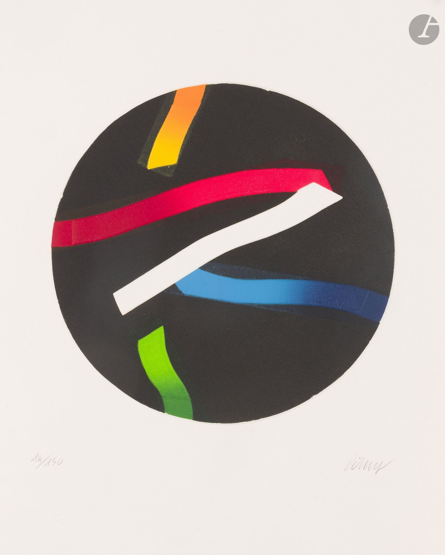 Bertrand Dorny (1931-2015) 
N°585. 1989. Aquatinte et gaufrage sur deux zincs. Diamètre 280mm. Arnaud 585. Impression en couleurs. Parfaite épreuve sur vélin blanc fort, numérotée et signée au crayon. Toutes marges. Tirage à 150 épreuves. Éd. de la Société des Peintres-Graveurs (timbre sec: Lugt 1195a).