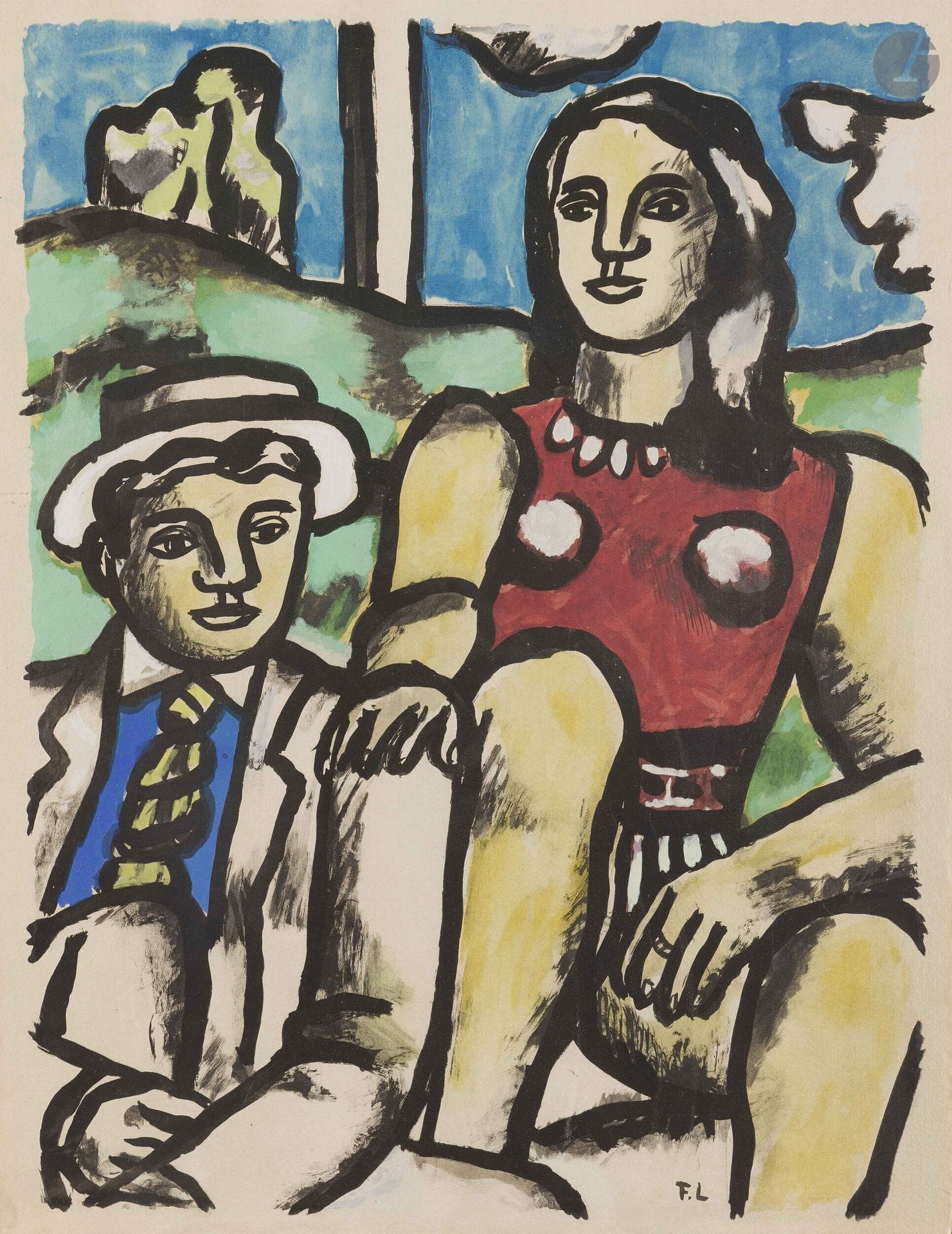 Fernand Léger (1881-1955) (d’après)
Les Amoureux. (Pl. pour L. Aragon, Contrastes, Au Vent d’Arles éd., 1959). Lithographie et pochoir en couleurs (procédé Jacomet). La feuille: 405x500mm. Belle épreuve sur vergé d’Auvergne. Toutes marges. Sous plexiglas. 

Provenance: 
Collection Gaston Diehl (1912-1999), historien et critique d’art.