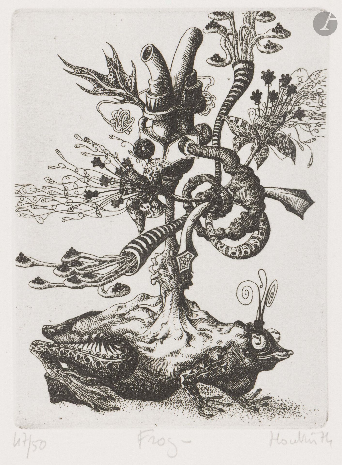 François Houtin (né en 1950)
Frog (Grenouille); Topiaire; Entrée Sud du jardin des délices; Entrée Nord du jardin des délices; Entrée Ouest du jardin des délices. 1974-1979. Eau-forte. Chaque feuille: 250x325mm. Parfaites épreuves sur vélin blanc, justifiées, titrées (sauf une), signées et datées au crayon. Toutes marges. Tirage à 50 épreuves. Ens. 5 p.