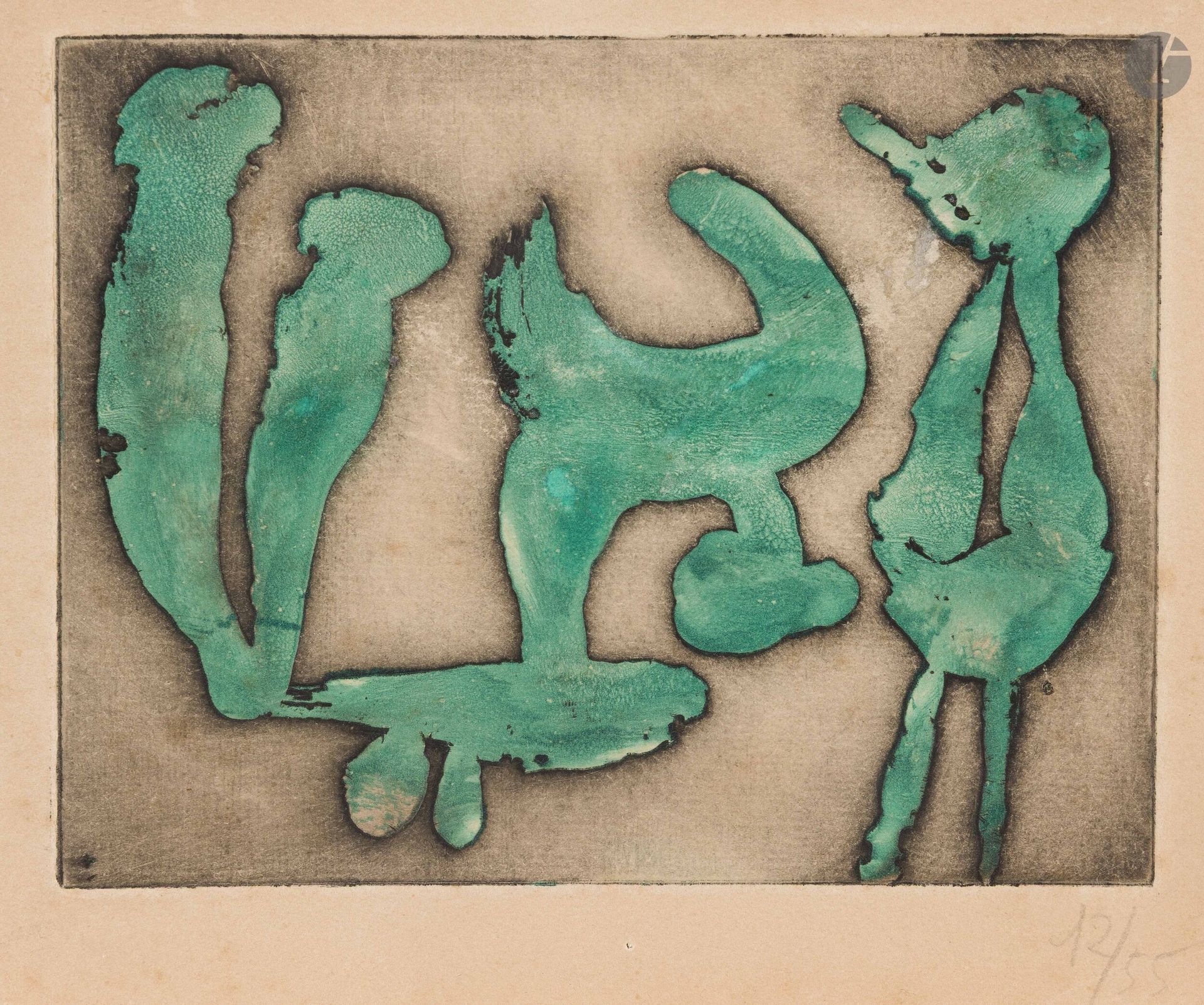 Joan Miró (1893-1983)
Carte de vœux d’Aimé Maeght pour 1951. 1950-1951. Eau-forte et aquatinte. 128x98mm. Dupin 72. Impression en couleurs. Belle épreuve tirée sur un feuillet remplié, numérotée au crayon, d’un tirage à 55 épreuves, avec texte typographié sur le 3e plat et envoi au feutre d’Aimé Maeght. Oxydation du feuillet.